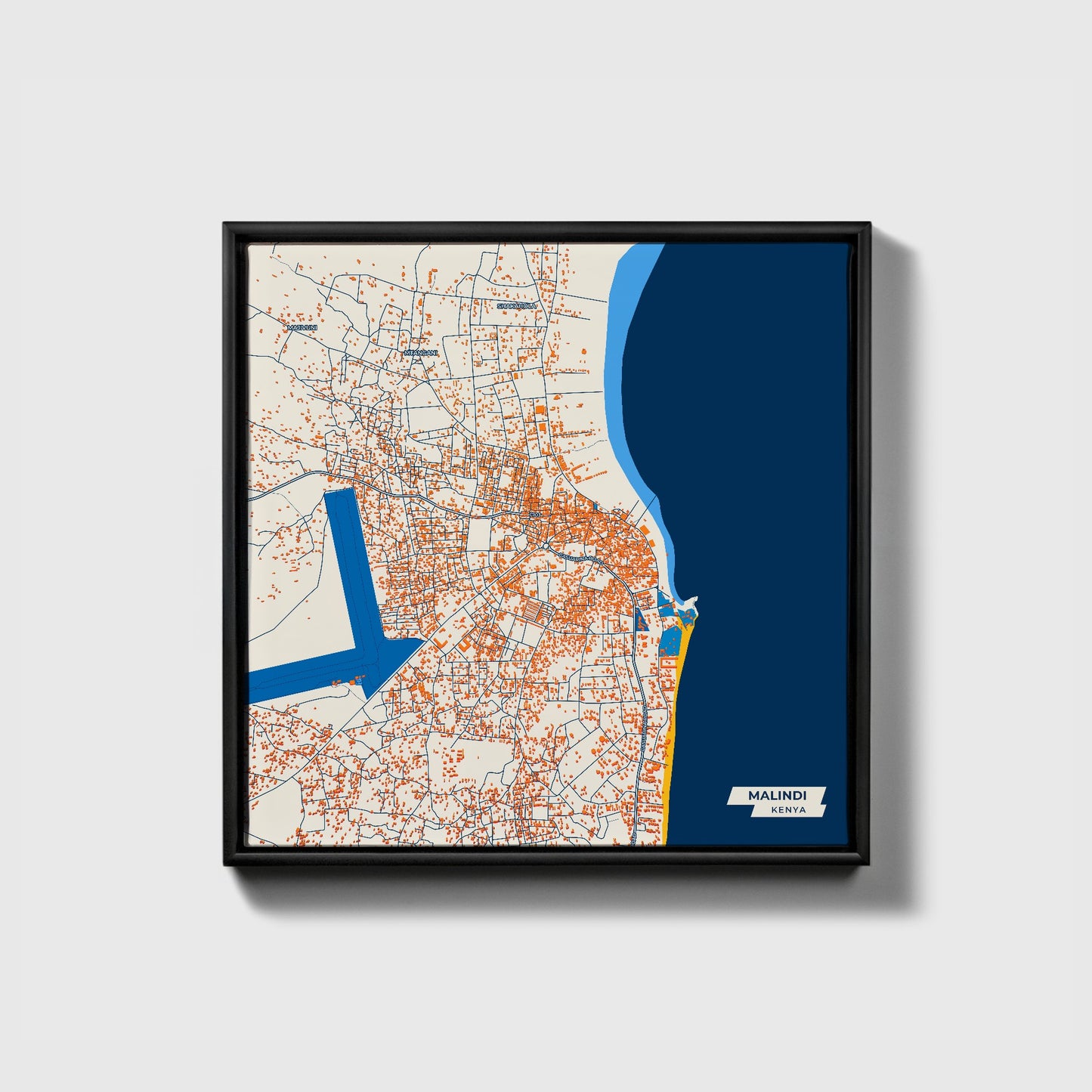 Malindi Kenya Colorful City Map Canvas Print • Black Framed