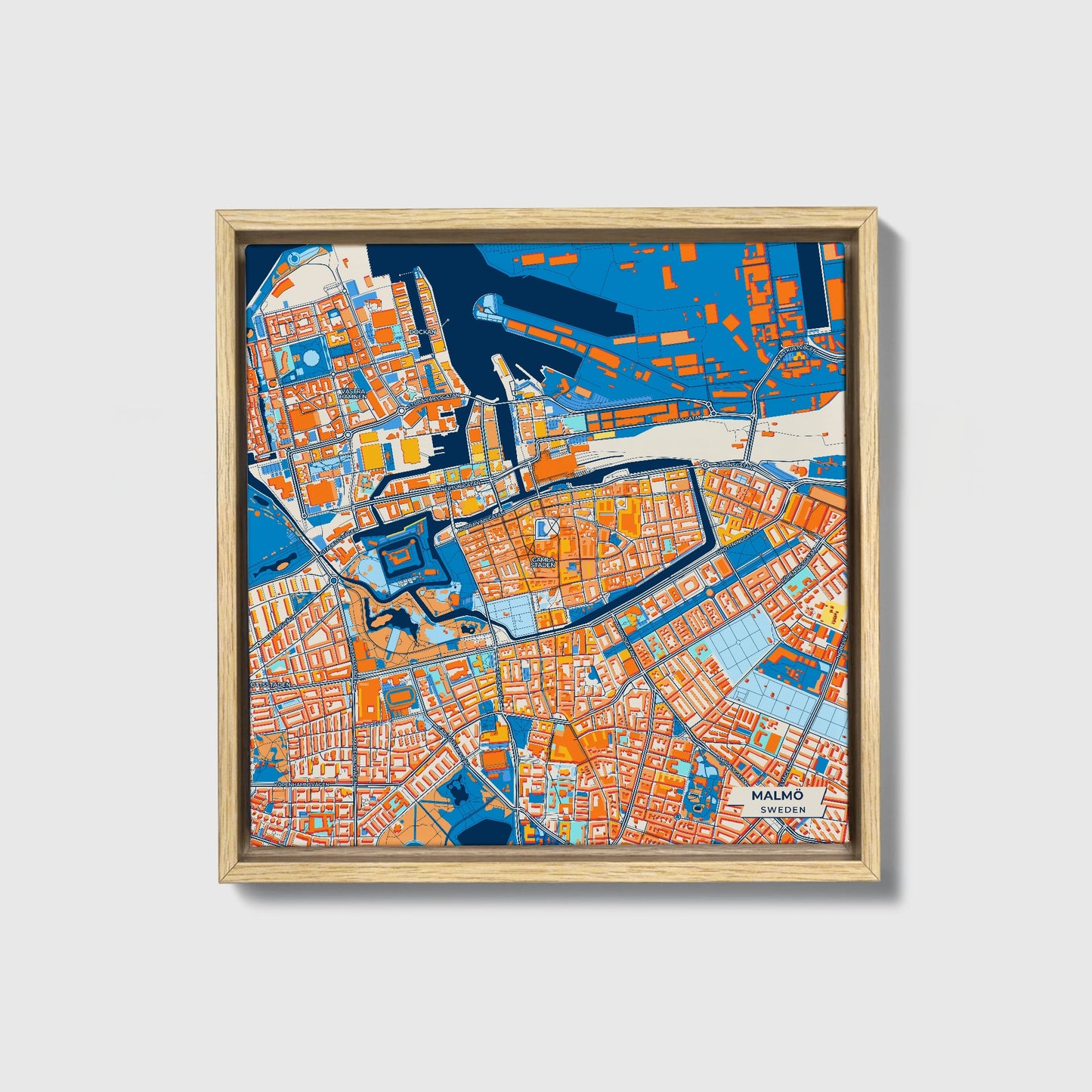 Malmö Sweden Colorful City Map Canvas Print • Natural Wooden Framed