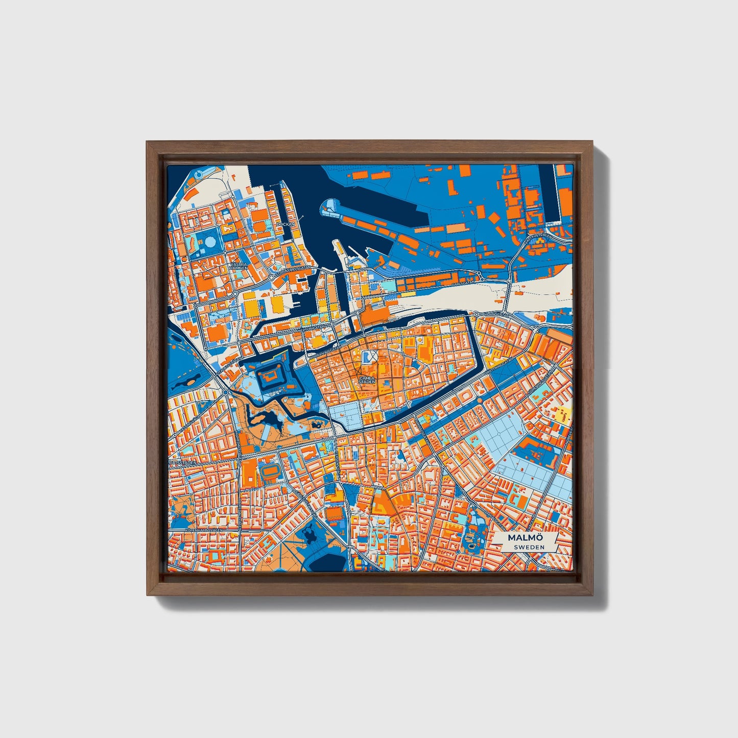 Malmö Sweden Colorful City Map Canvas Print • Dark Wooden Framed
