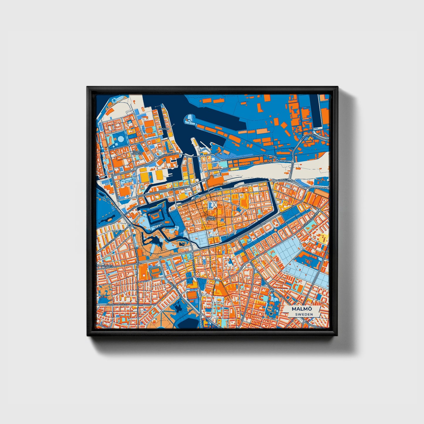 Malmö Sweden Colorful City Map Canvas Print • Black Framed