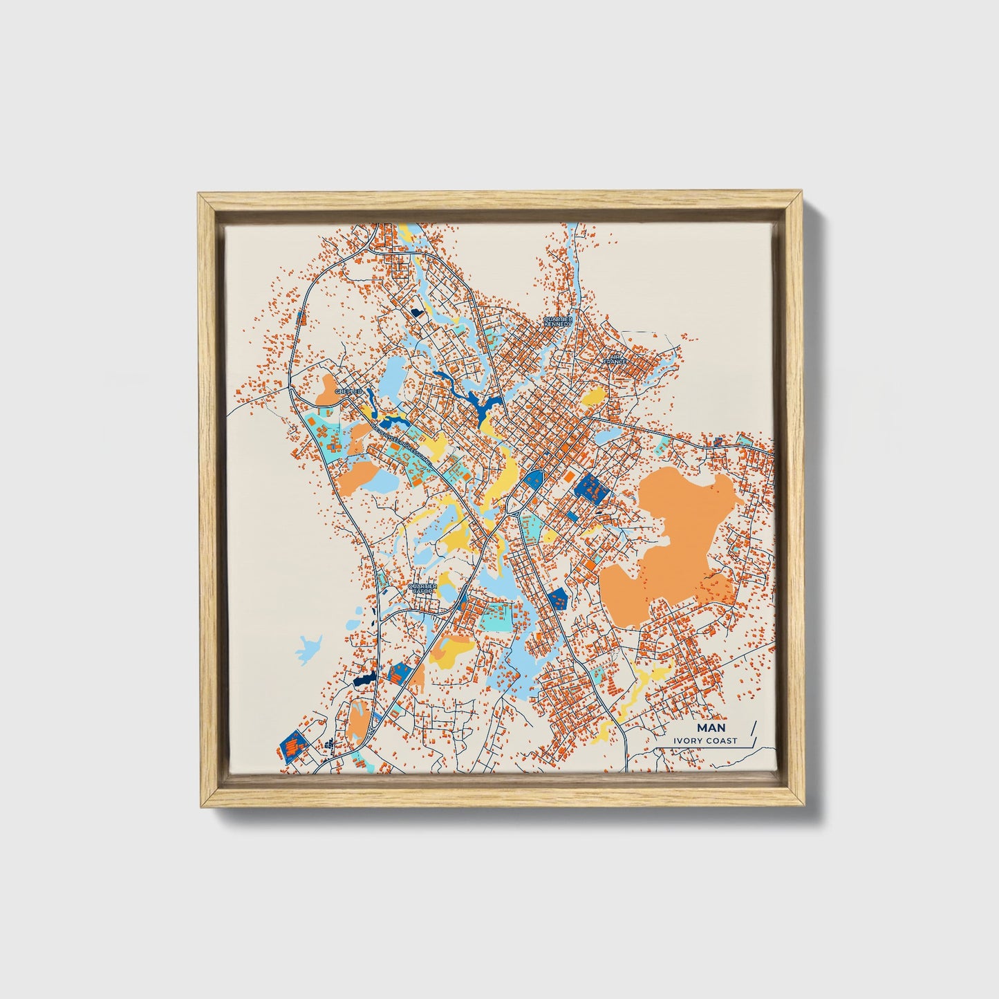 Man Ivory Coast Colorful City Map Canvas Print • Natural Wooden Framed