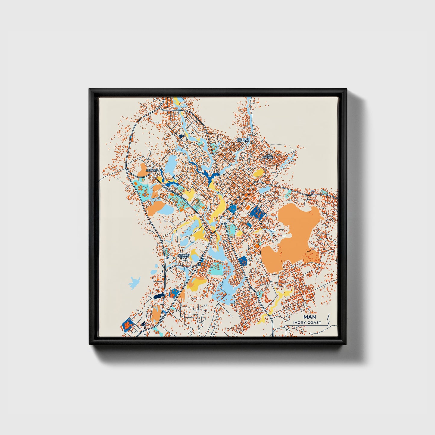 Man Ivory Coast Colorful City Map Canvas Print • Black Framed