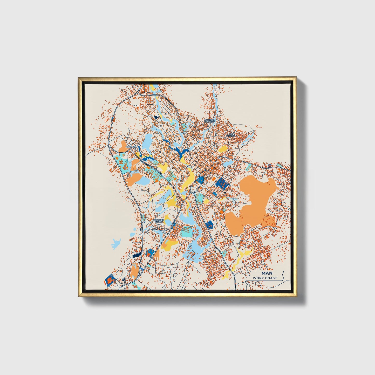Man Ivory Coast Colorful City Map Canvas Print • Gold Framed