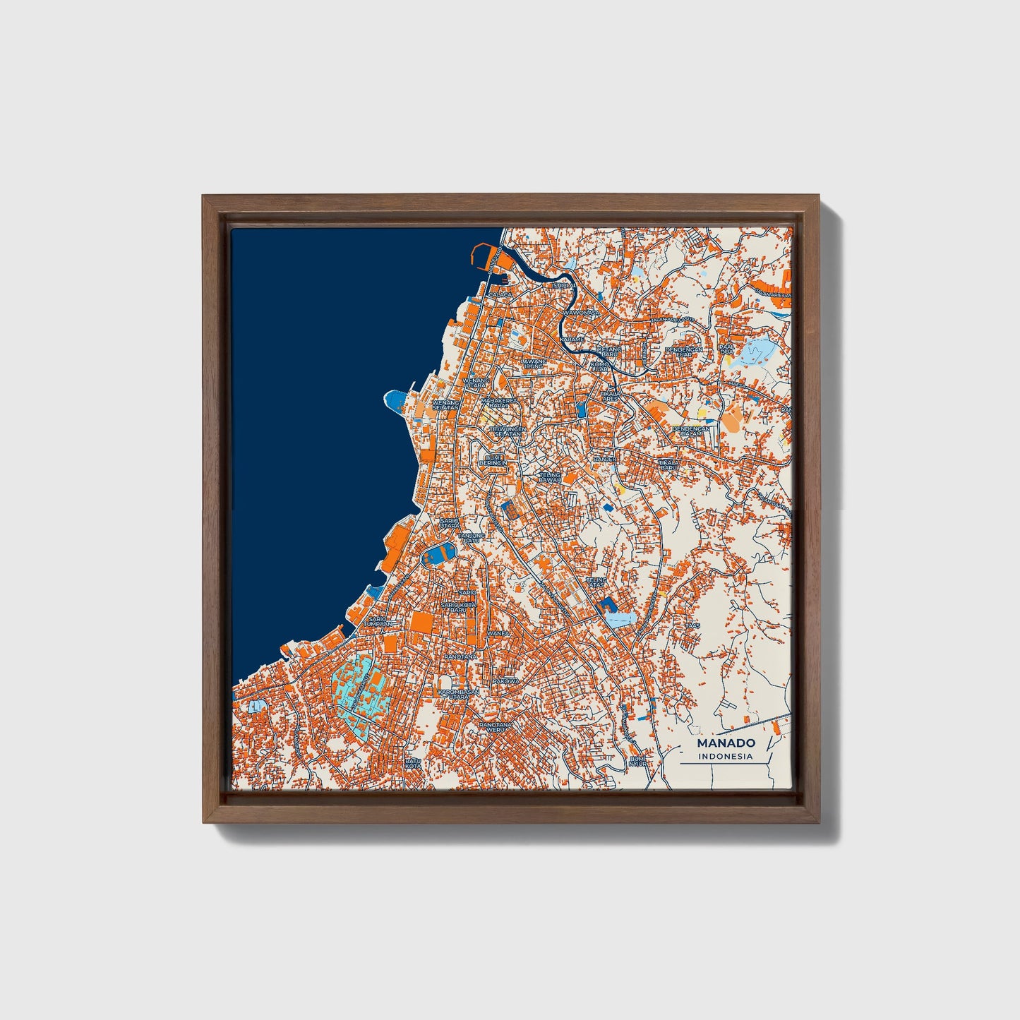 Manado Indonesia Colorful City Map Canvas Print • Dark Wooden Framed