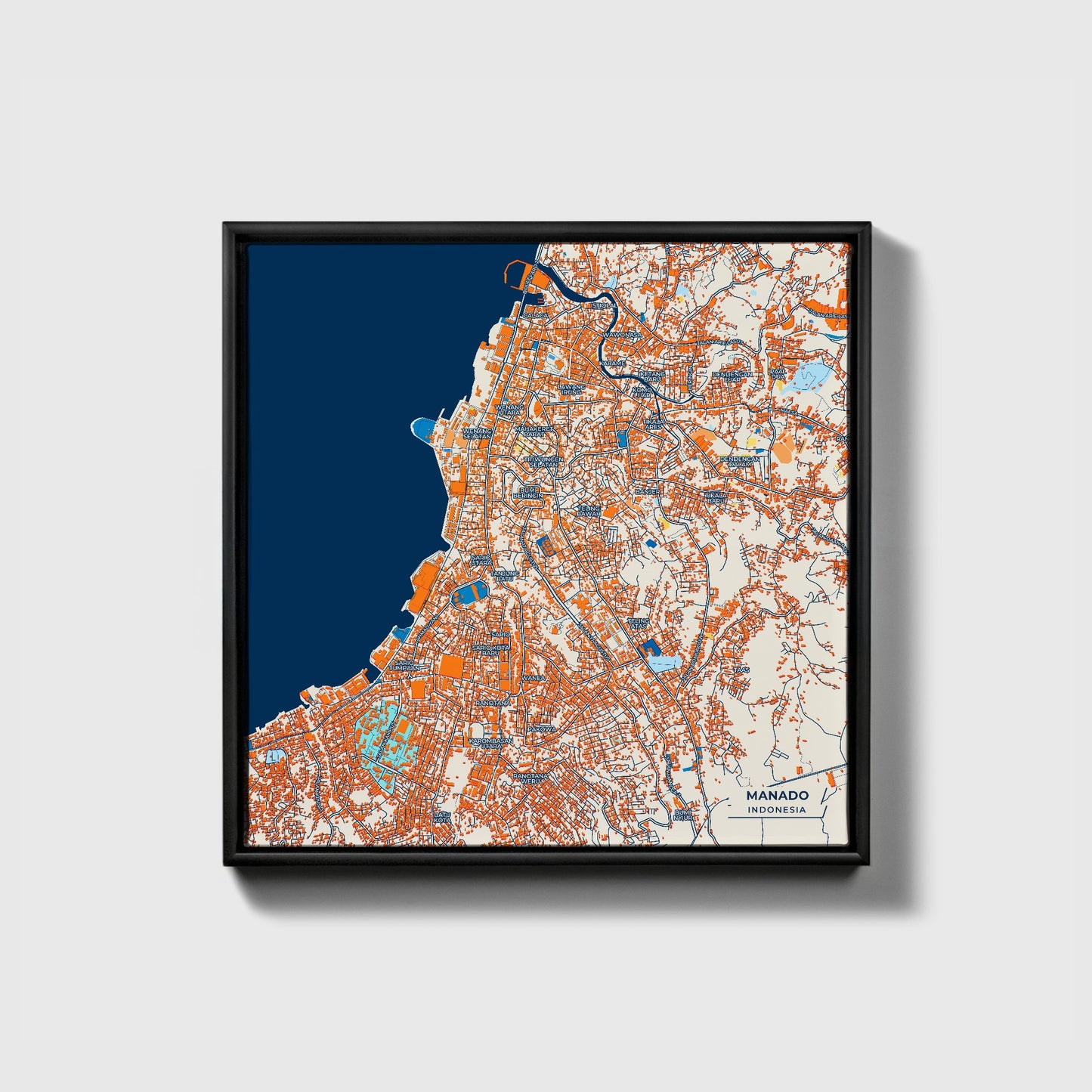 Manado Indonesia Colorful City Map Canvas Print • Black Framed
