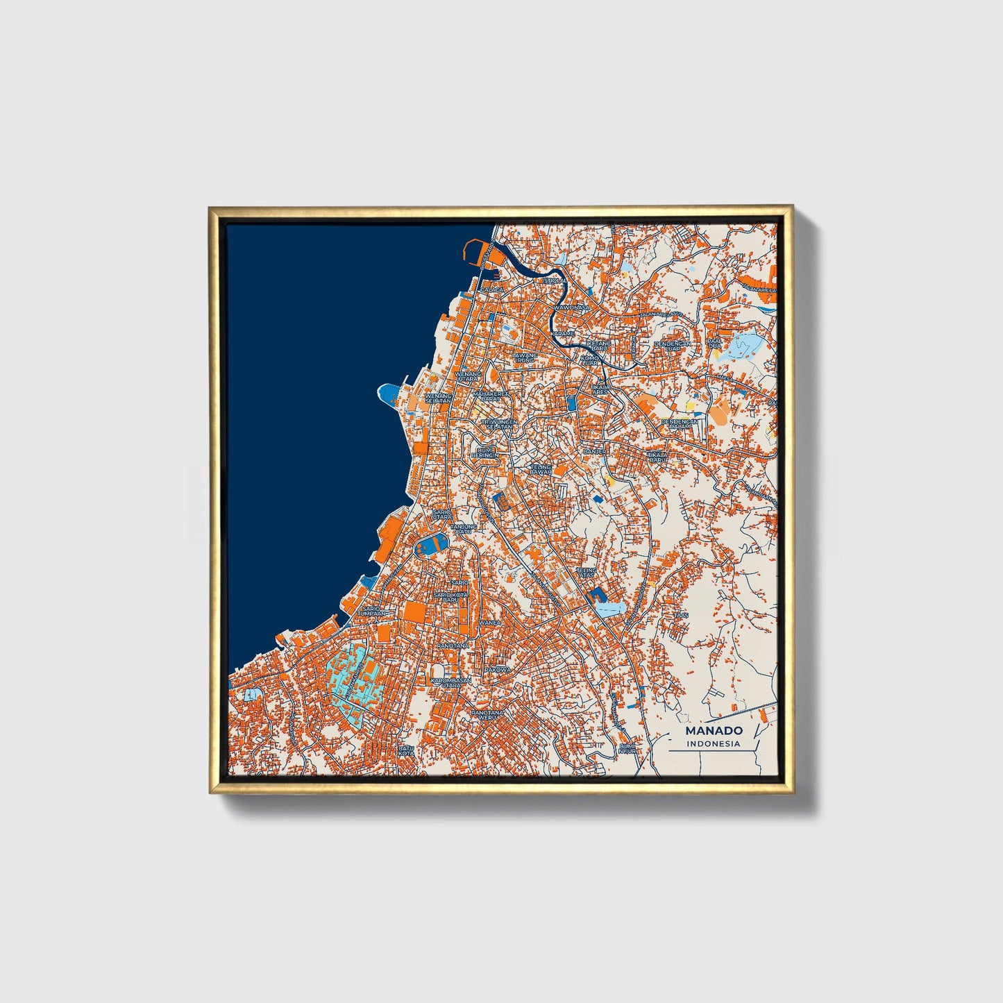 Manado Indonesia Colorful City Map Canvas Print • Gold Framed