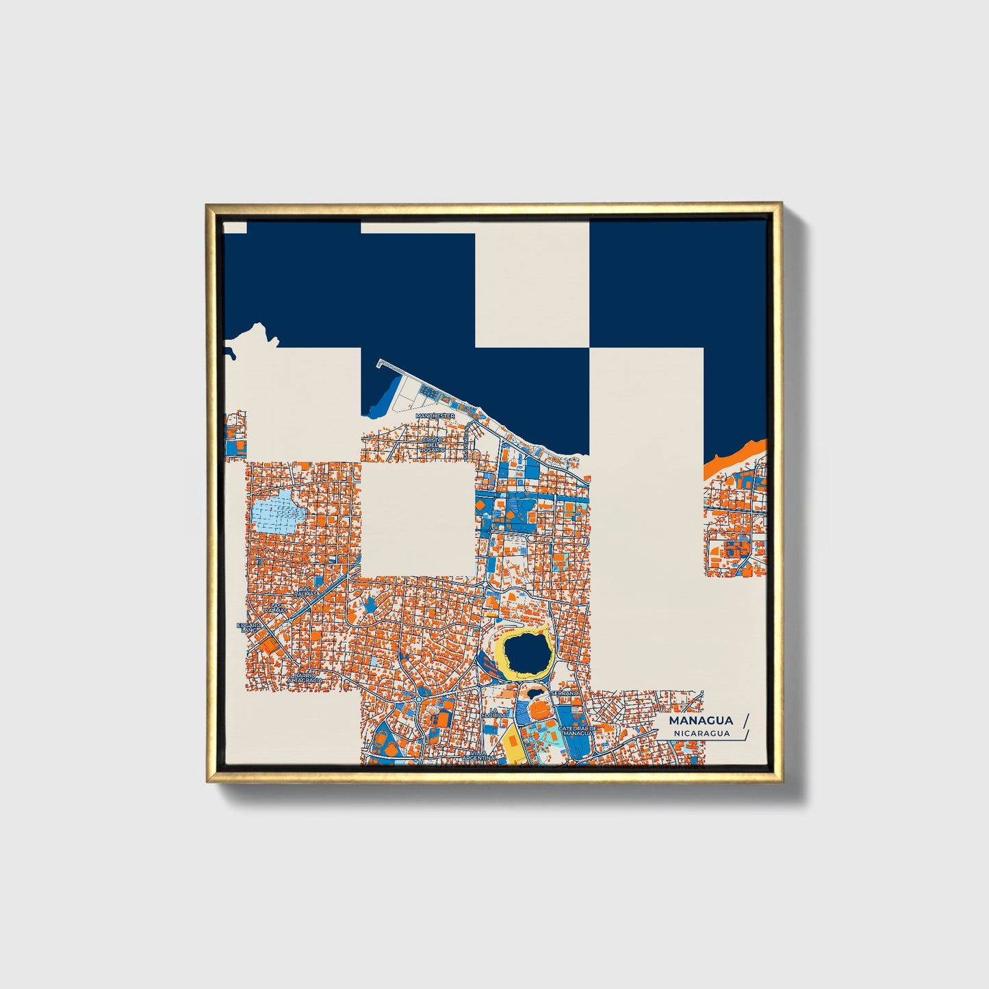 Managua Nicaragua Colorful City Map Canvas Print • Gold Framed