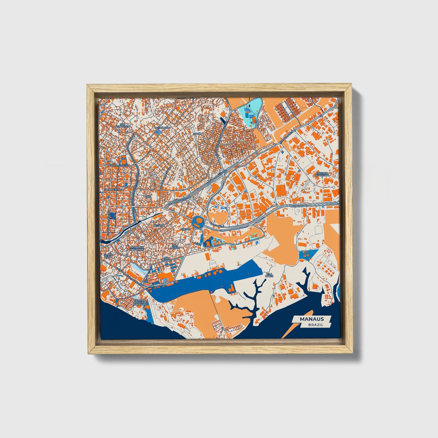 Manaus Brazil Colorful City Map Canvas Print • Natural Wooden Framed