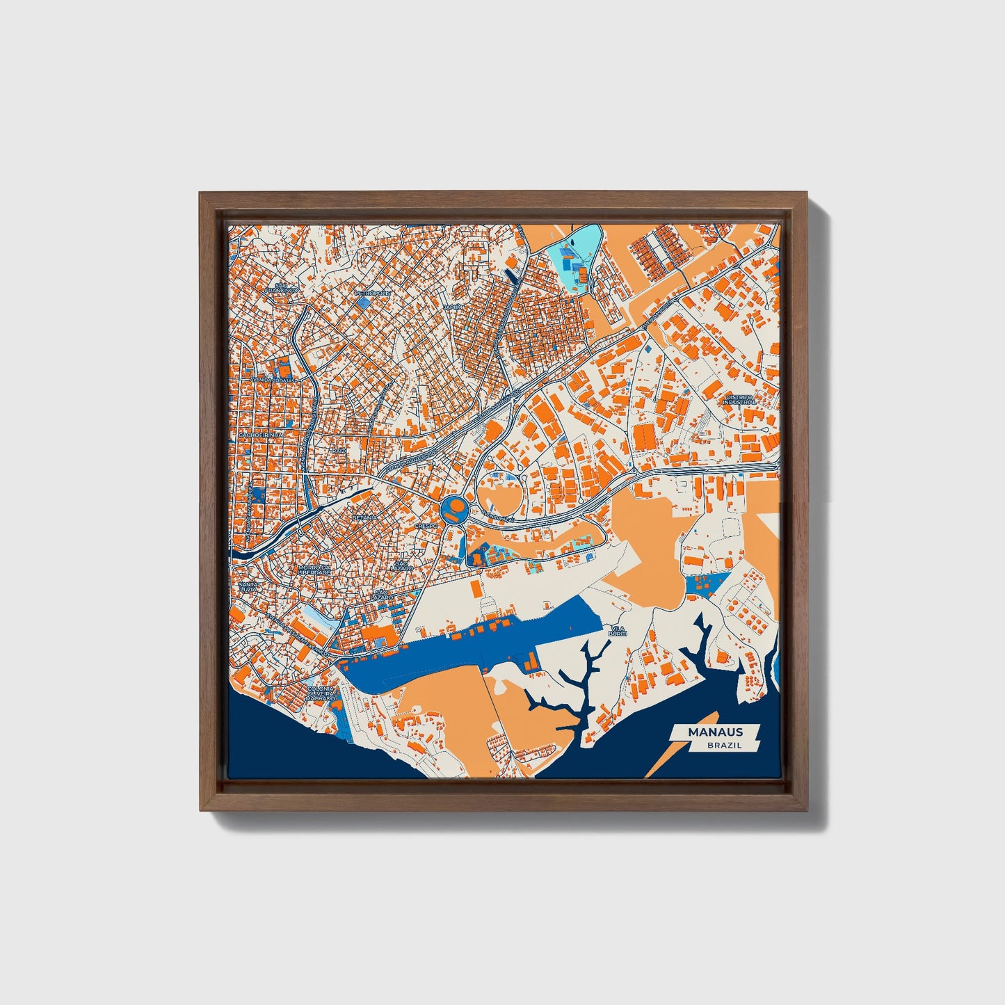 Manaus Brazil Colorful City Map Canvas Print • Dark Wooden Framed