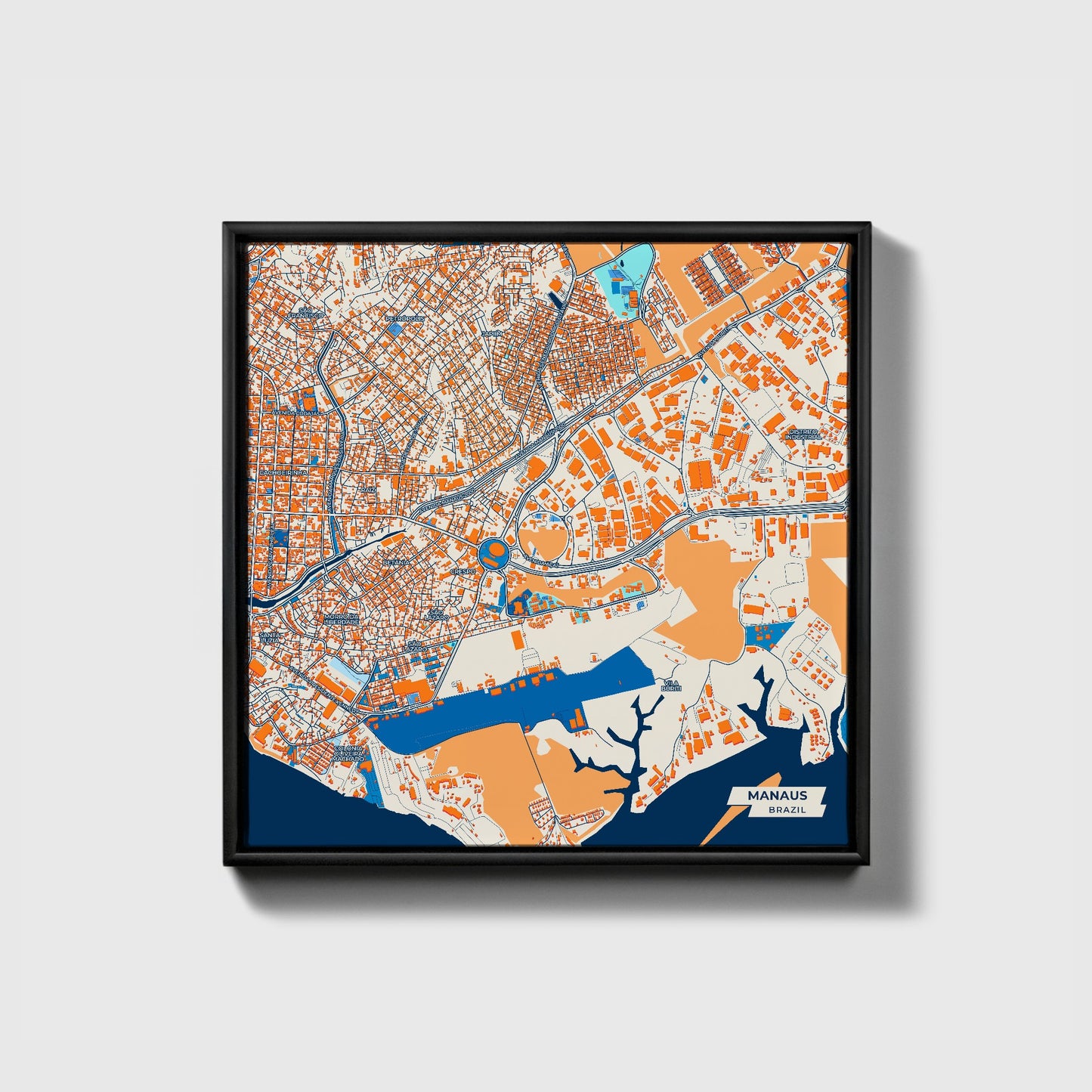 Manaus Brazil Colorful City Map Canvas Print • Black Framed