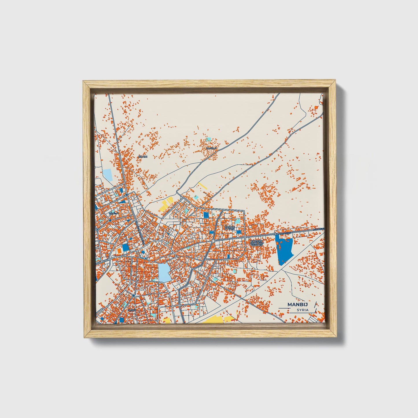 Manbij Syria Colorful City Map Canvas Print • Natural Wooden Framed