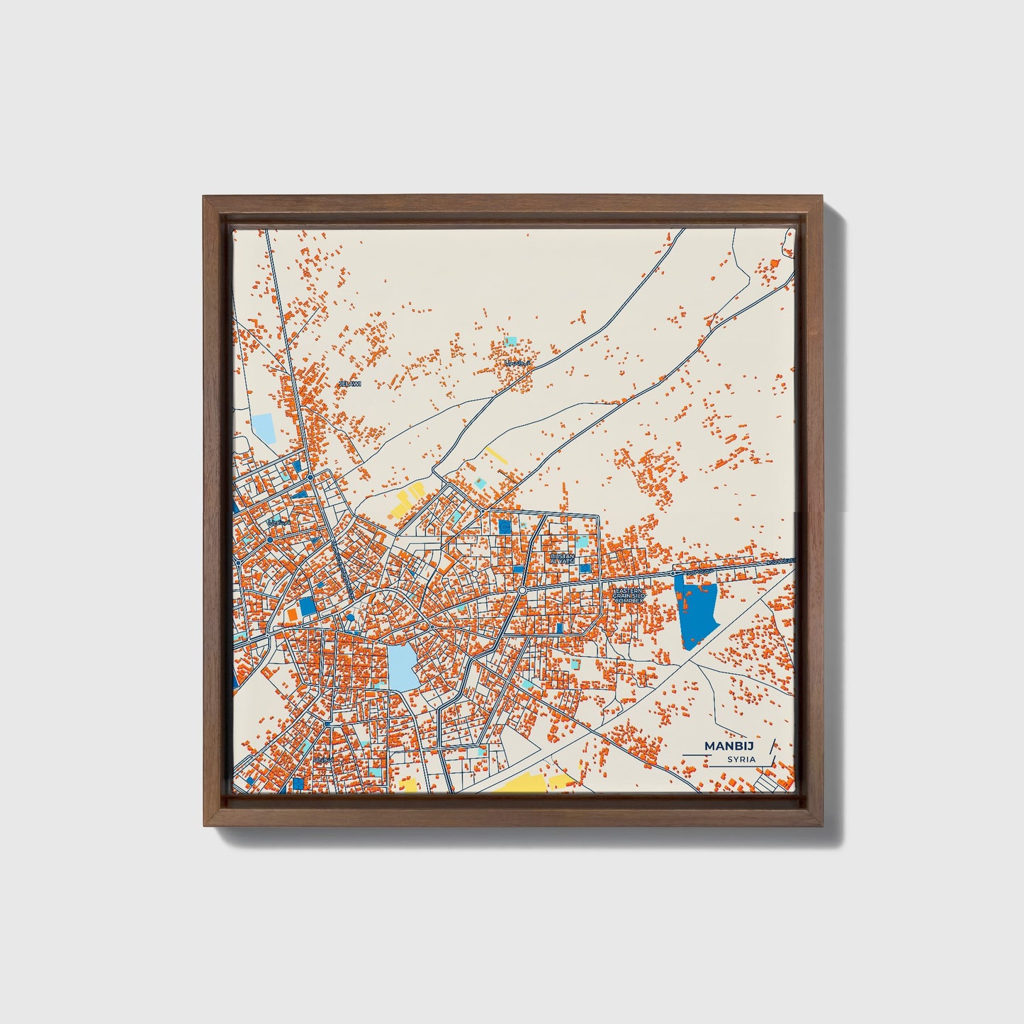 Manbij Syria Colorful City Map Canvas Print • Dark Wooden Framed