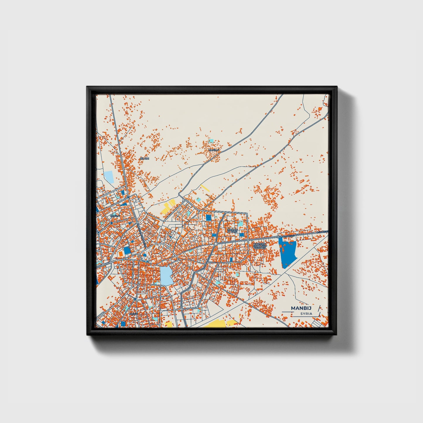 Manbij Syria Colorful City Map Canvas Print • Black Framed