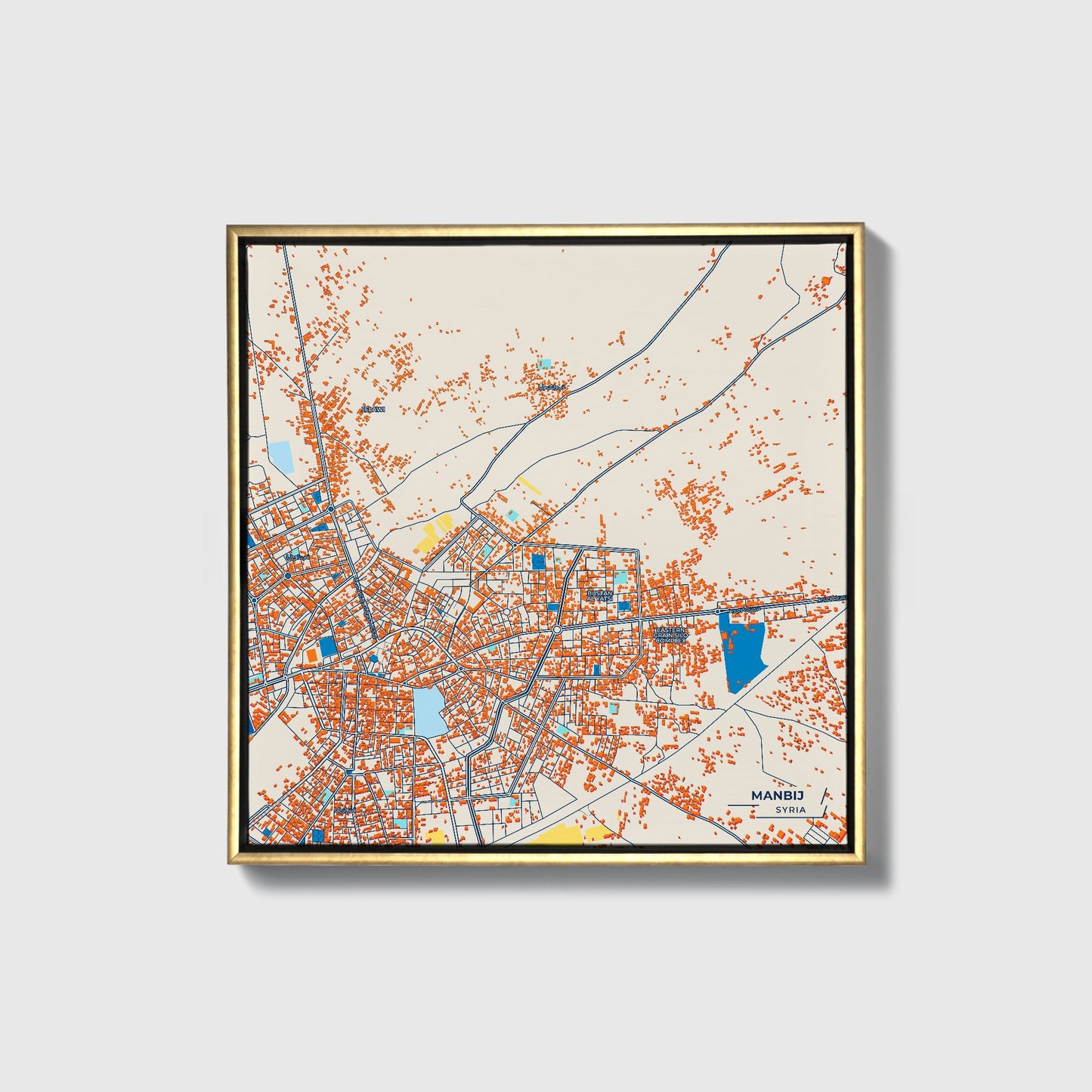 Manbij Syria Colorful City Map Canvas Print • Gold Framed