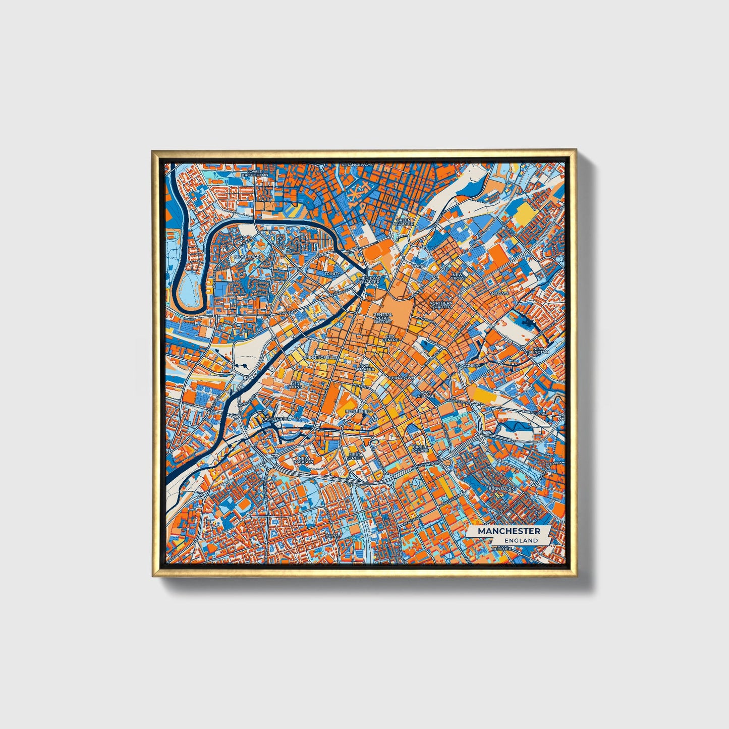 Manchester England Colorful City Map Canvas Print • Gold Framed