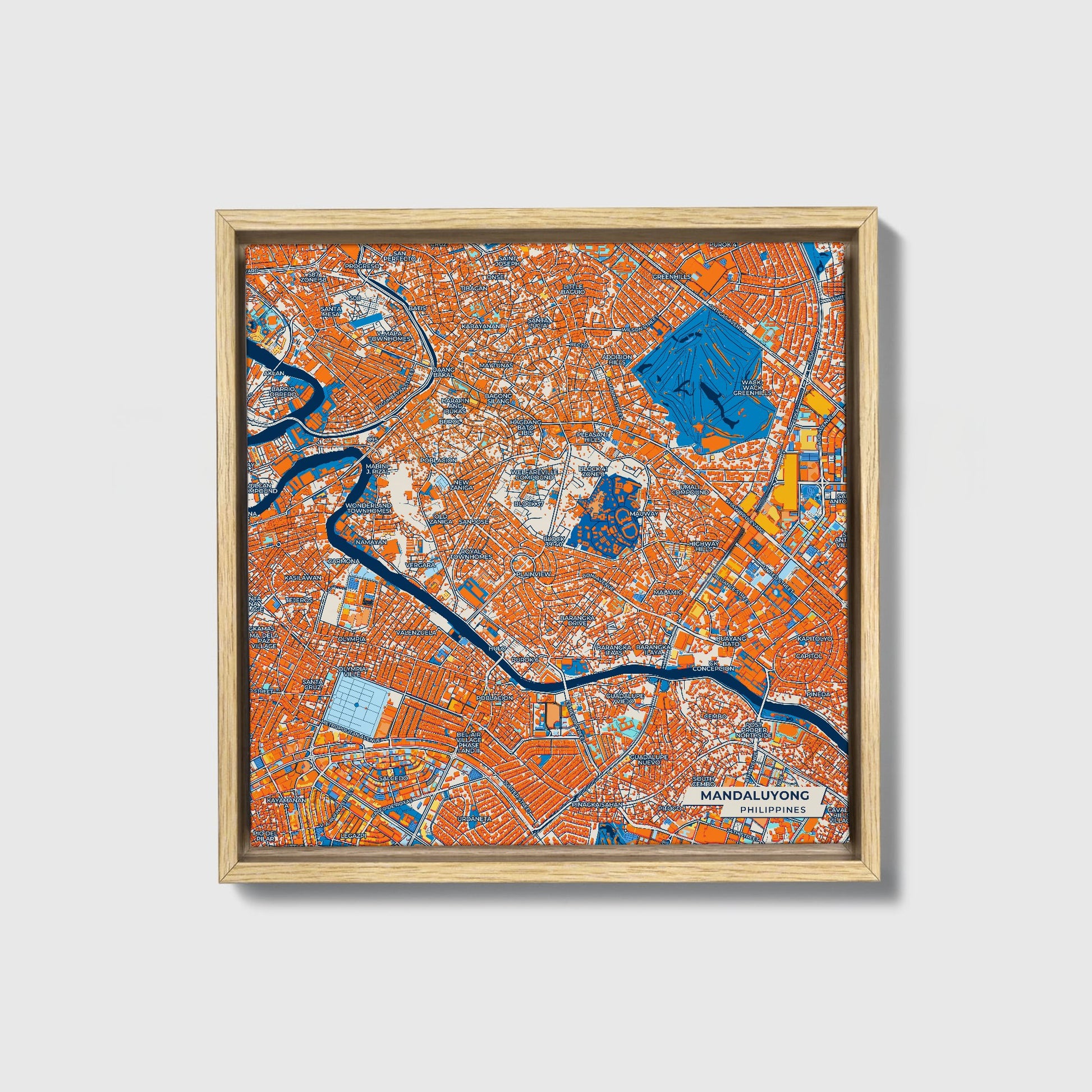 Mandaluyong Philippines Colorful City Map Canvas Print • Natural Wooden Framed