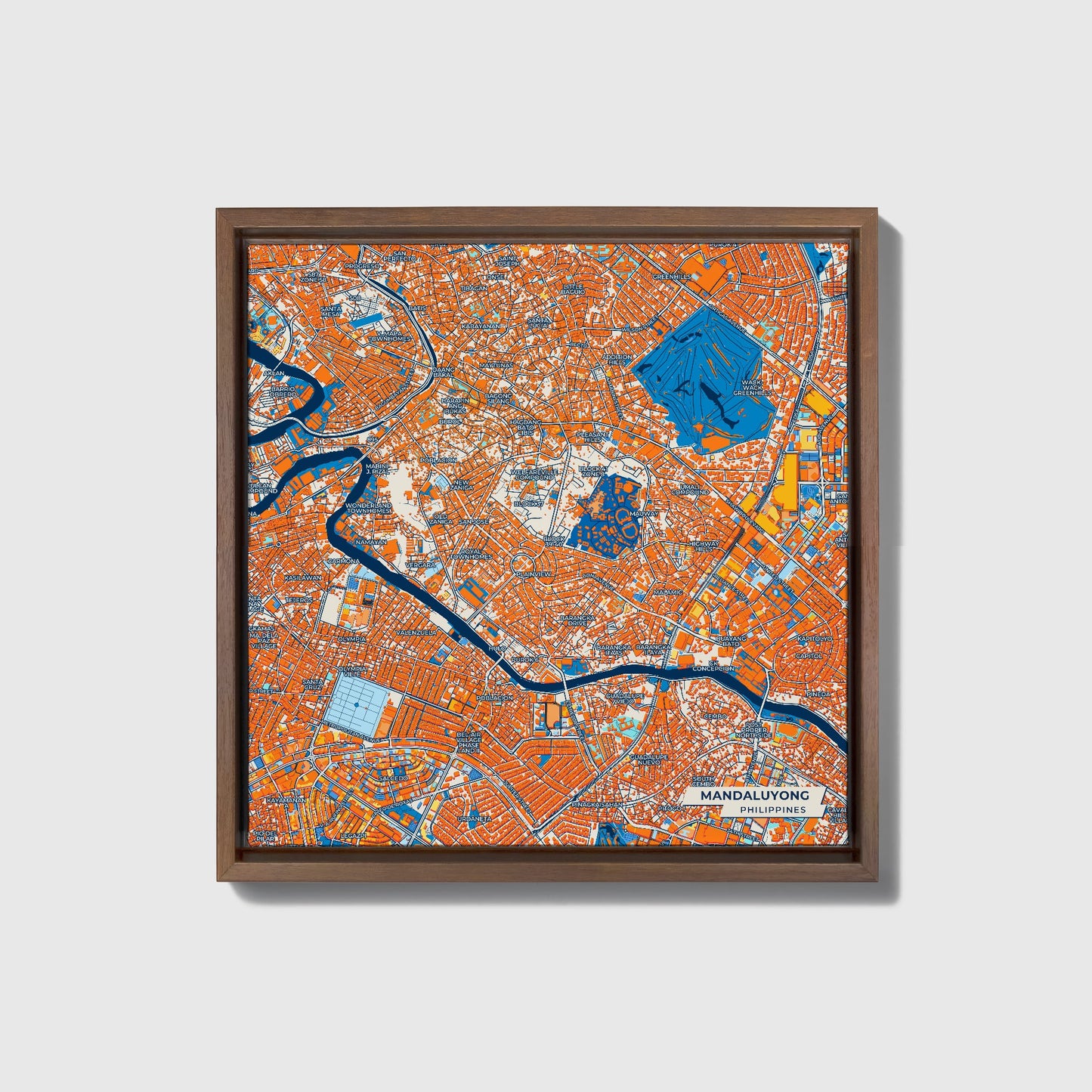 Mandaluyong Philippines Colorful City Map Canvas Print • Dark Wooden Framed