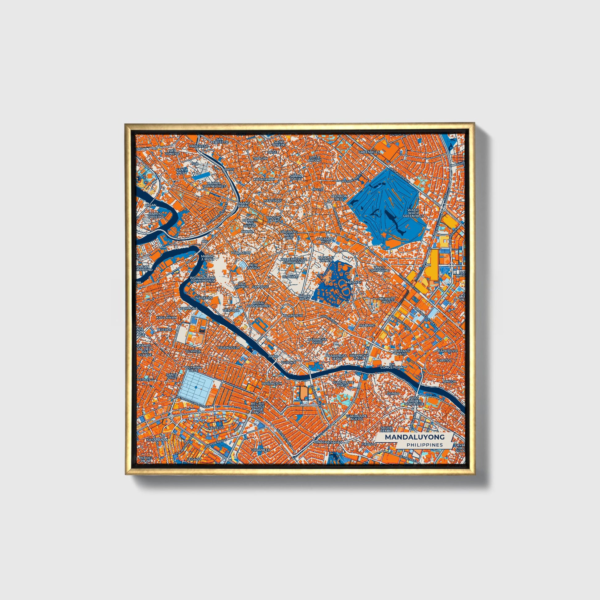 Mandaluyong Philippines Colorful City Map Canvas Print • Gold Framed