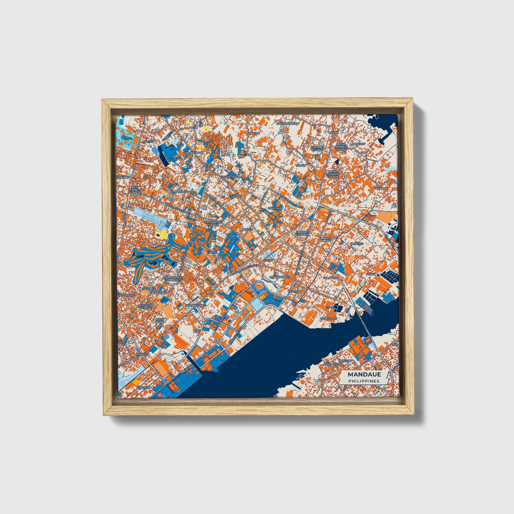 Mandaue Philippines Colorful City Map Canvas Print • Natural Wooden Framed
