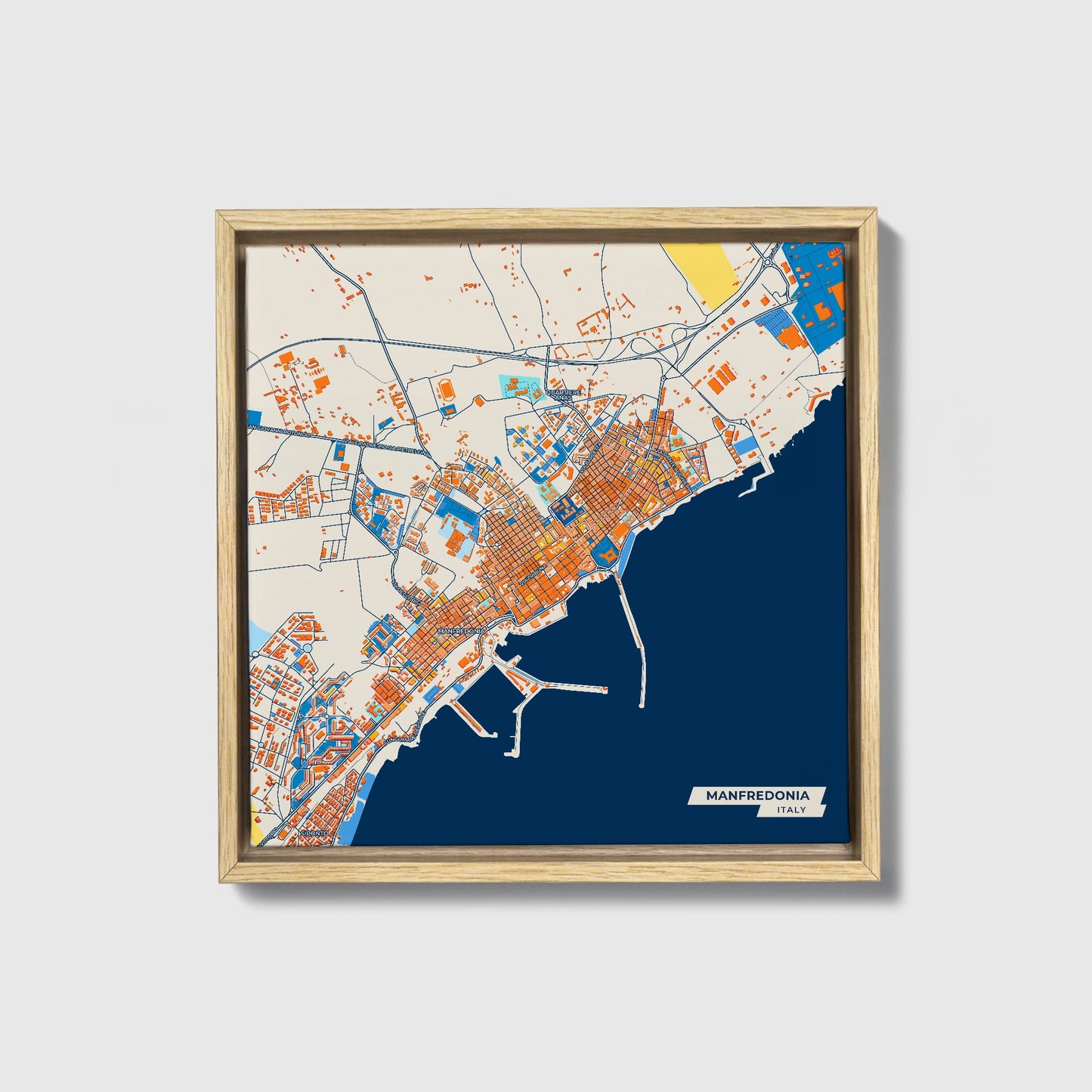 Manfredonia Italy Colorful City Map Canvas Print • Natural Wooden Framed