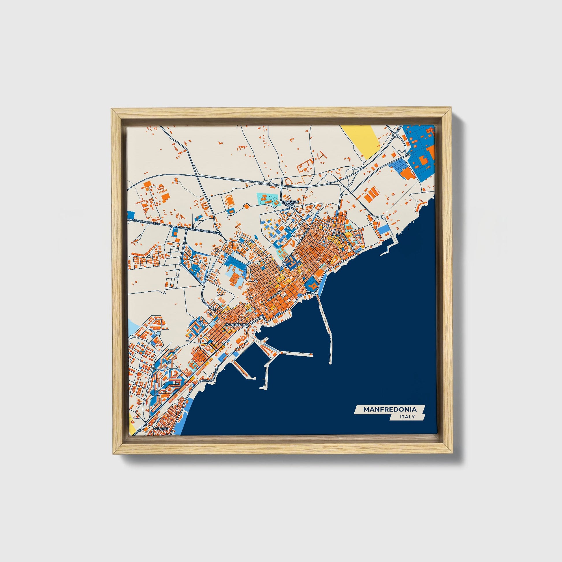 Manfredonia Italy Colorful City Map Canvas Print • Natural Wooden Framed