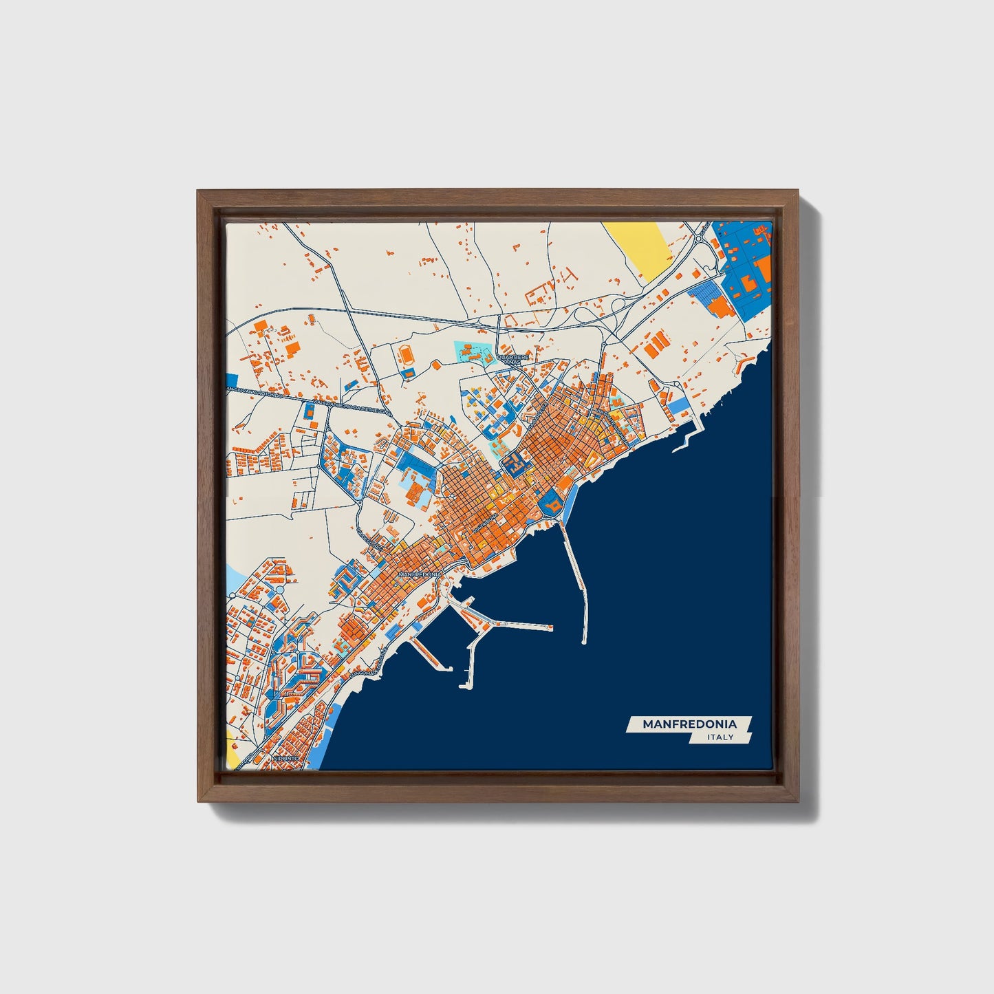 Manfredonia Italy Colorful City Map Canvas Print • Dark Wooden Framed