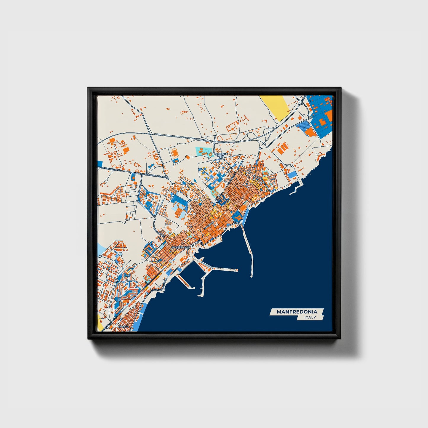 Manfredonia Italy Colorful City Map Canvas Print • Black Framed