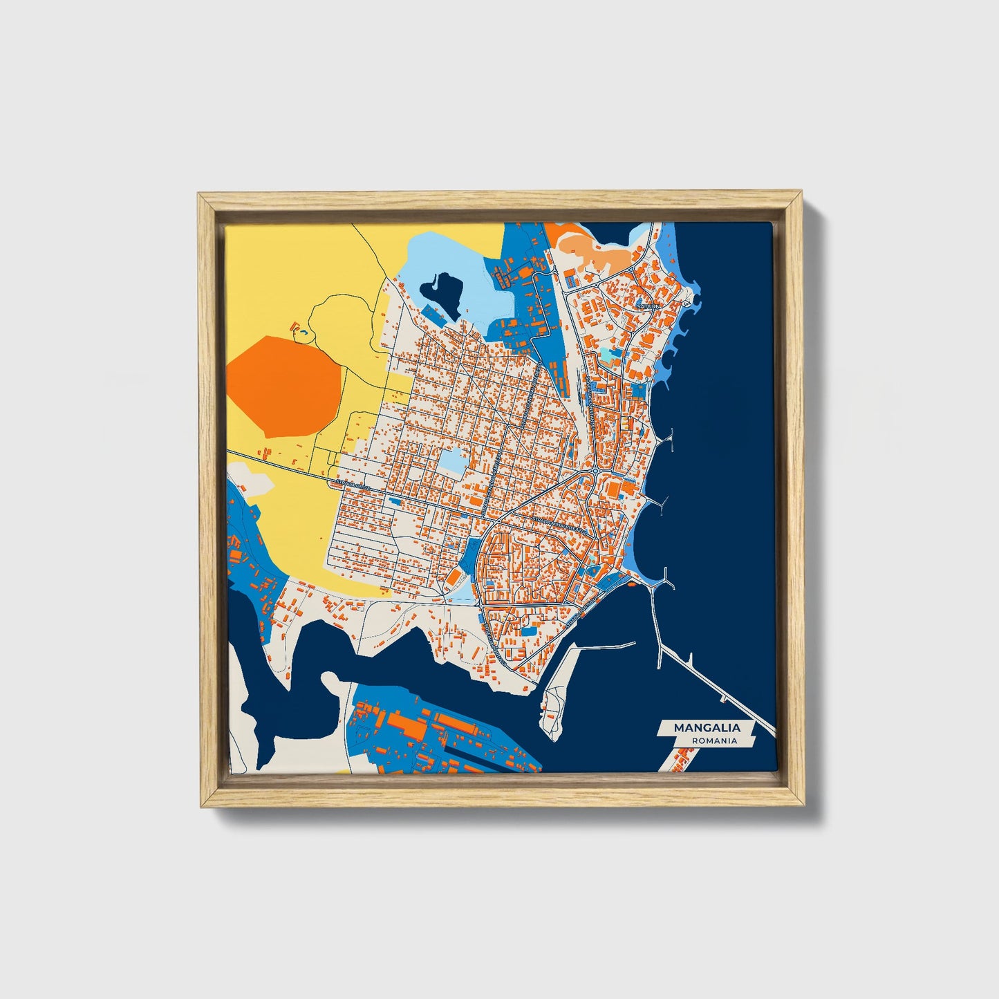 Mangalia Romania Colorful City Map Canvas Print • Natural Wooden Framed