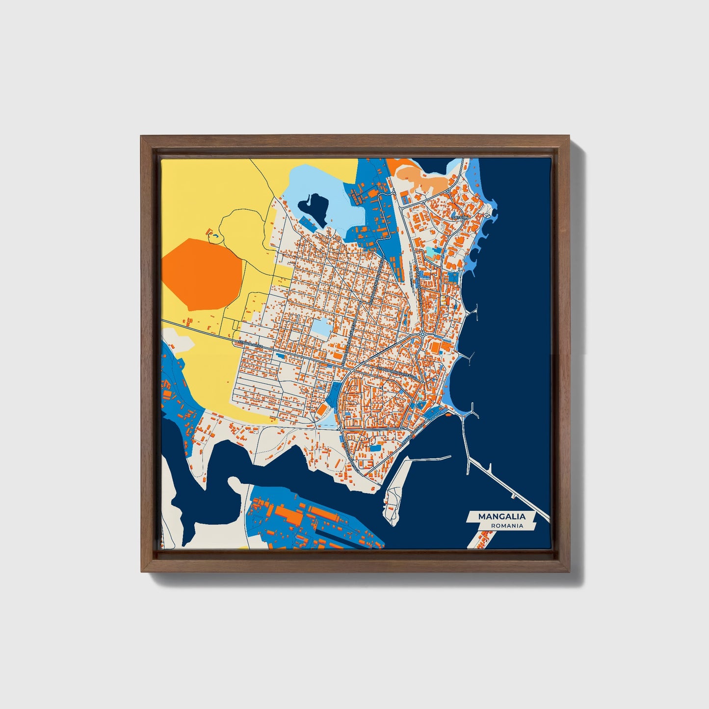 Mangalia Romania Colorful City Map Canvas Print • Dark Wooden Framed