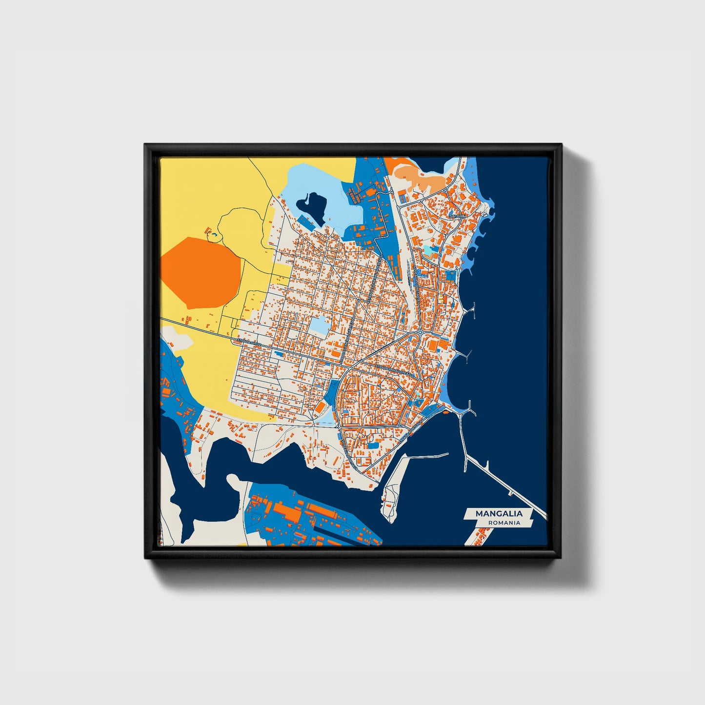 Mangalia Romania Colorful City Map Canvas Print • Black Framed