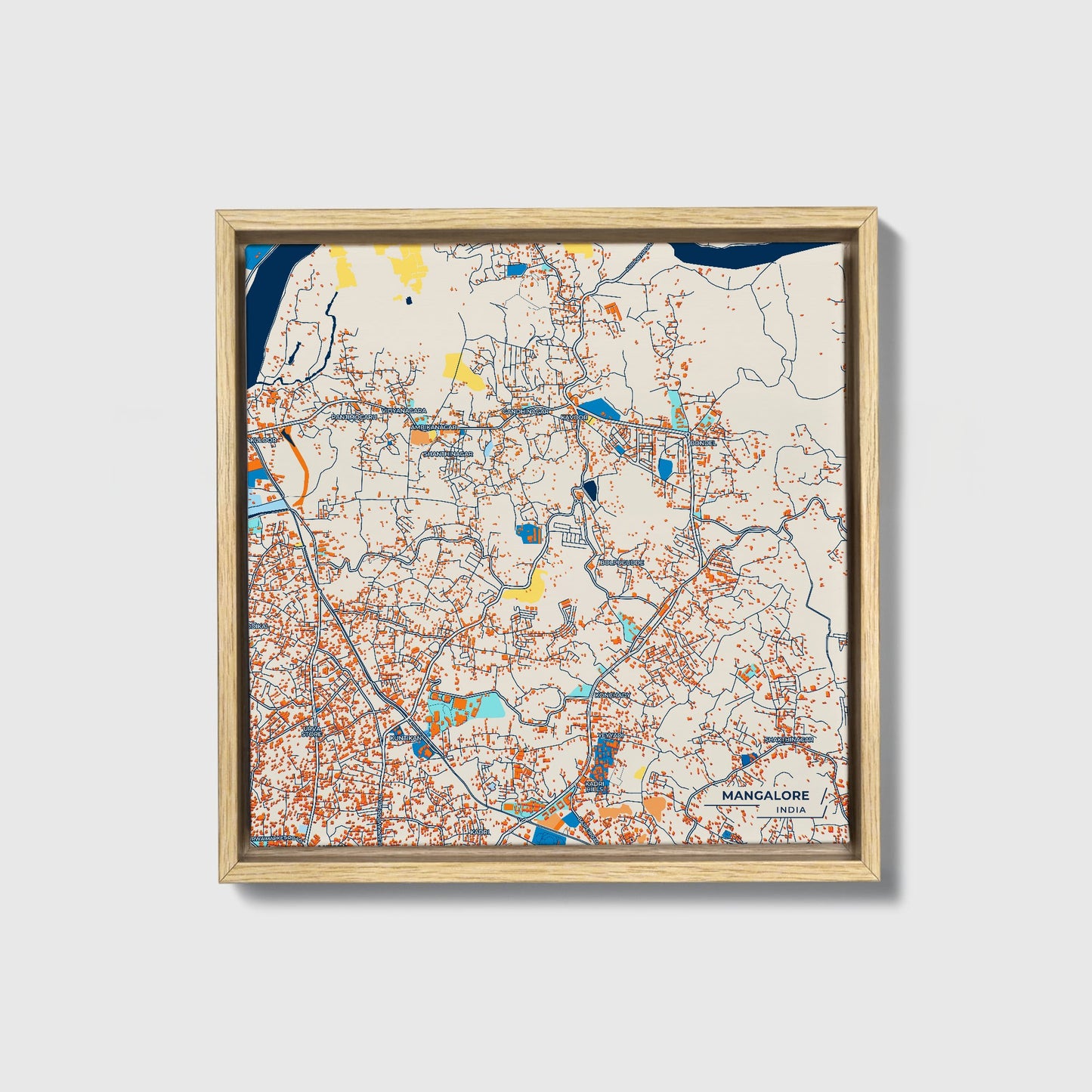 Mangalore India Colorful City Map Canvas Print • Natural Wooden Framed