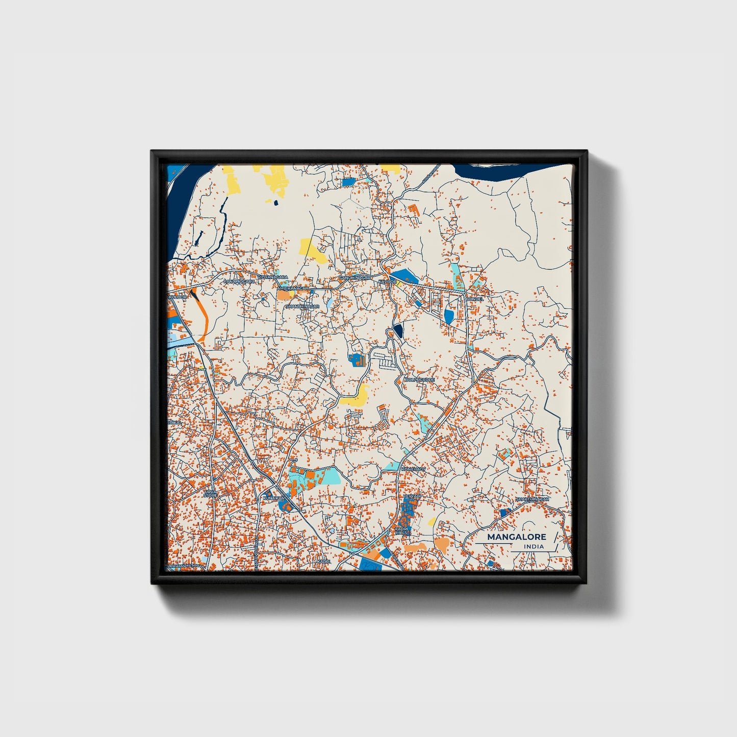 Mangalore India Colorful City Map Canvas Print • Black Framed