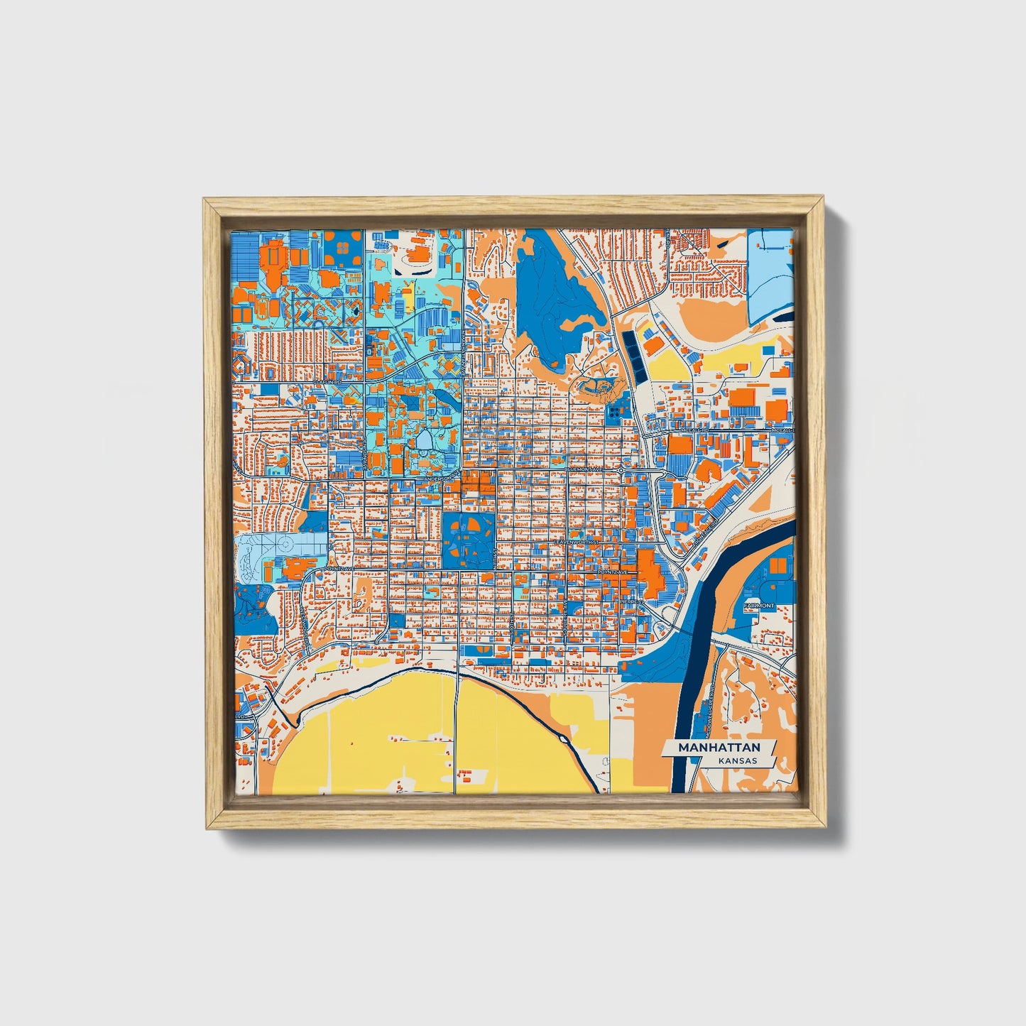 Manhattan Kansas Colorful City Map Canvas Print • Natural Wooden Framed