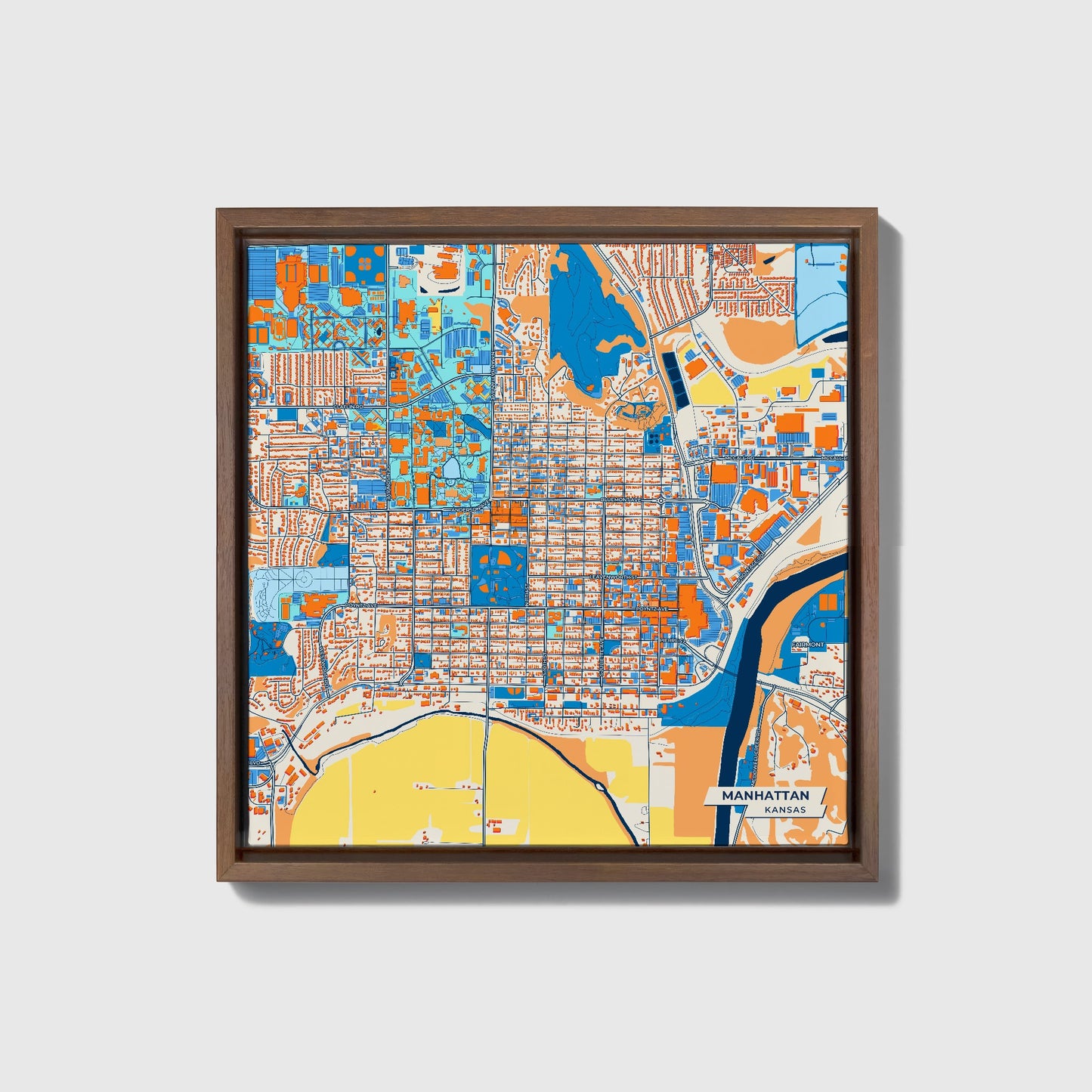 Manhattan Kansas Colorful City Map Canvas Print • Dark Wooden Framed