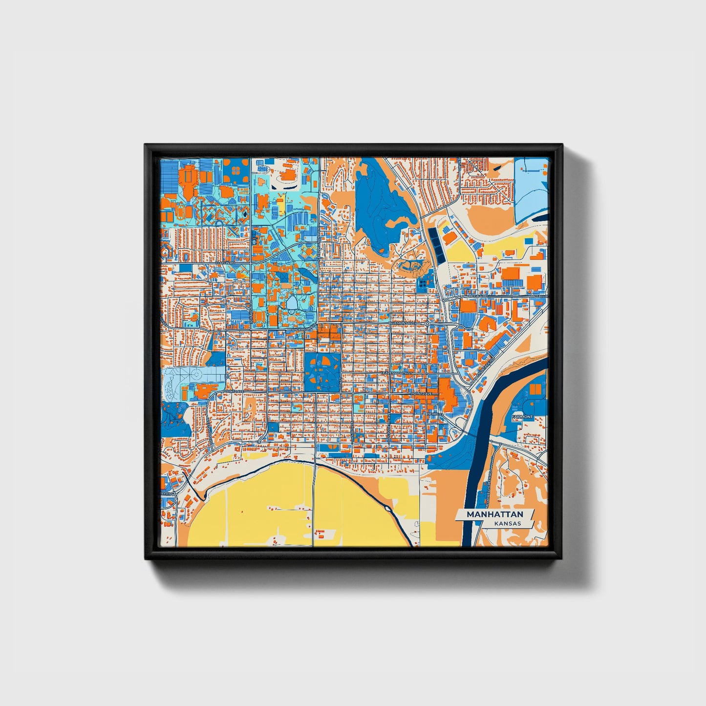 Manhattan Kansas Colorful City Map Canvas Print • Black Framed