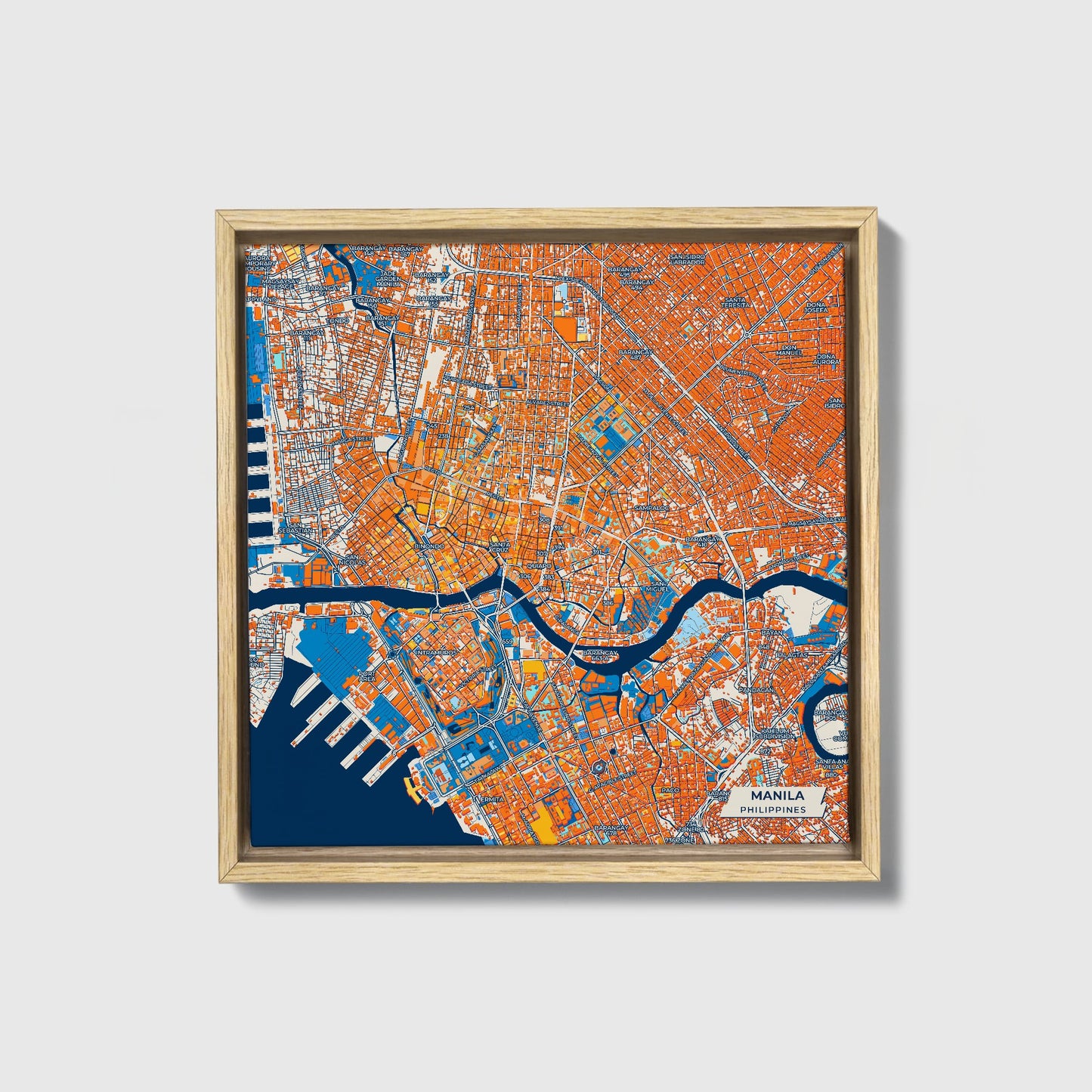 Manila Philippines Colorful City Map Canvas Print • Natural Wooden Framed