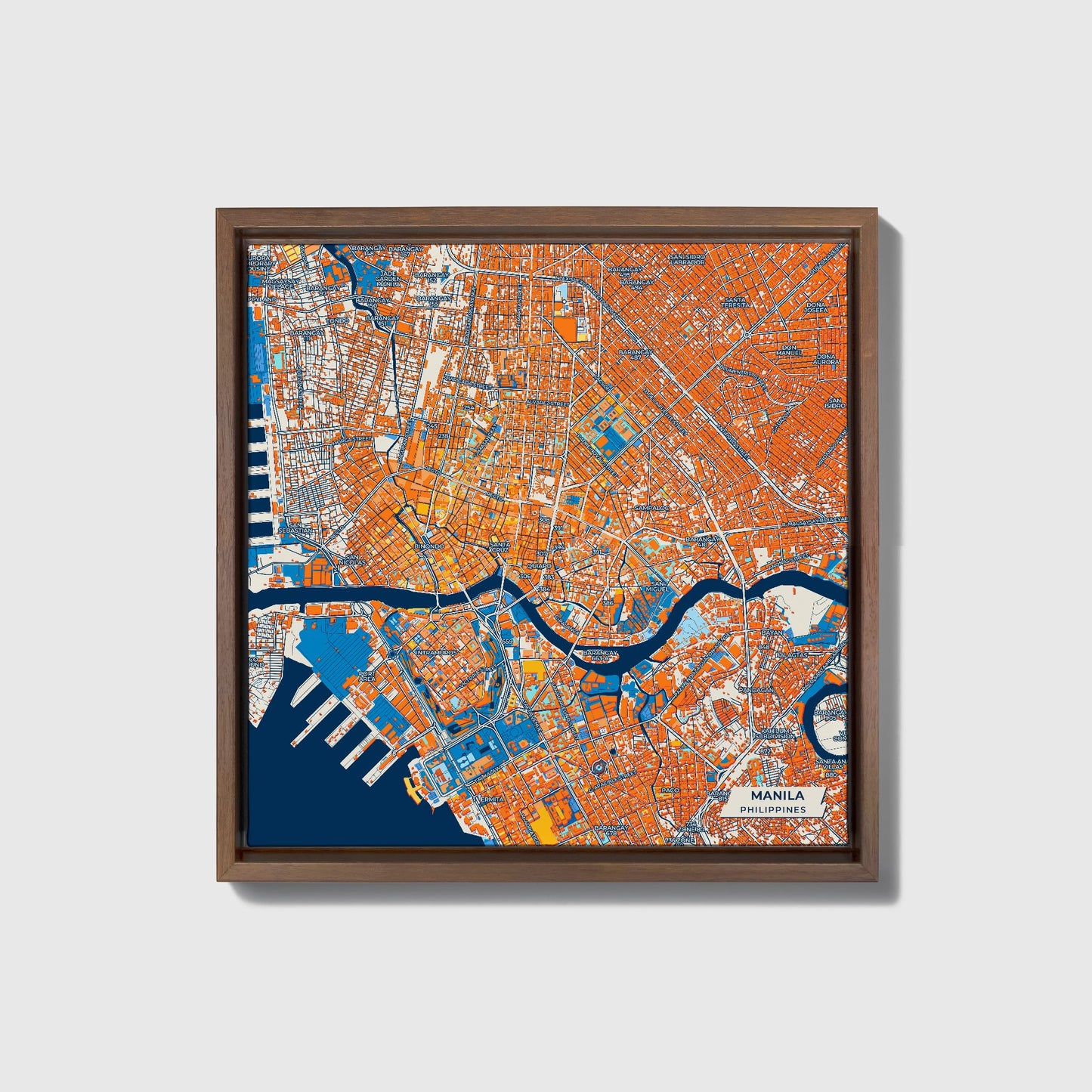 Manila Philippines Colorful City Map Canvas Print • Dark Wooden Framed