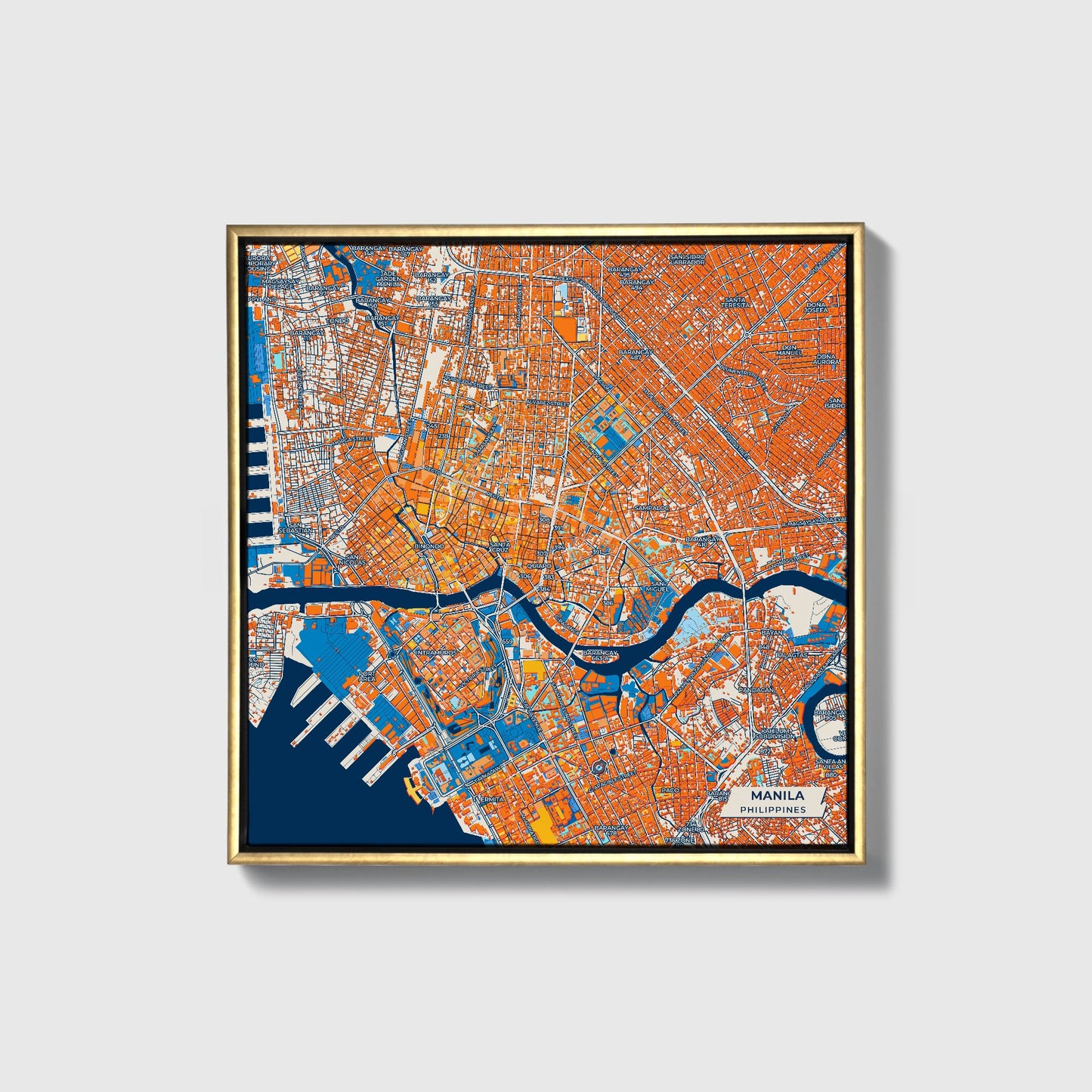 Manila Philippines Colorful City Map Canvas Print • Gold Framed