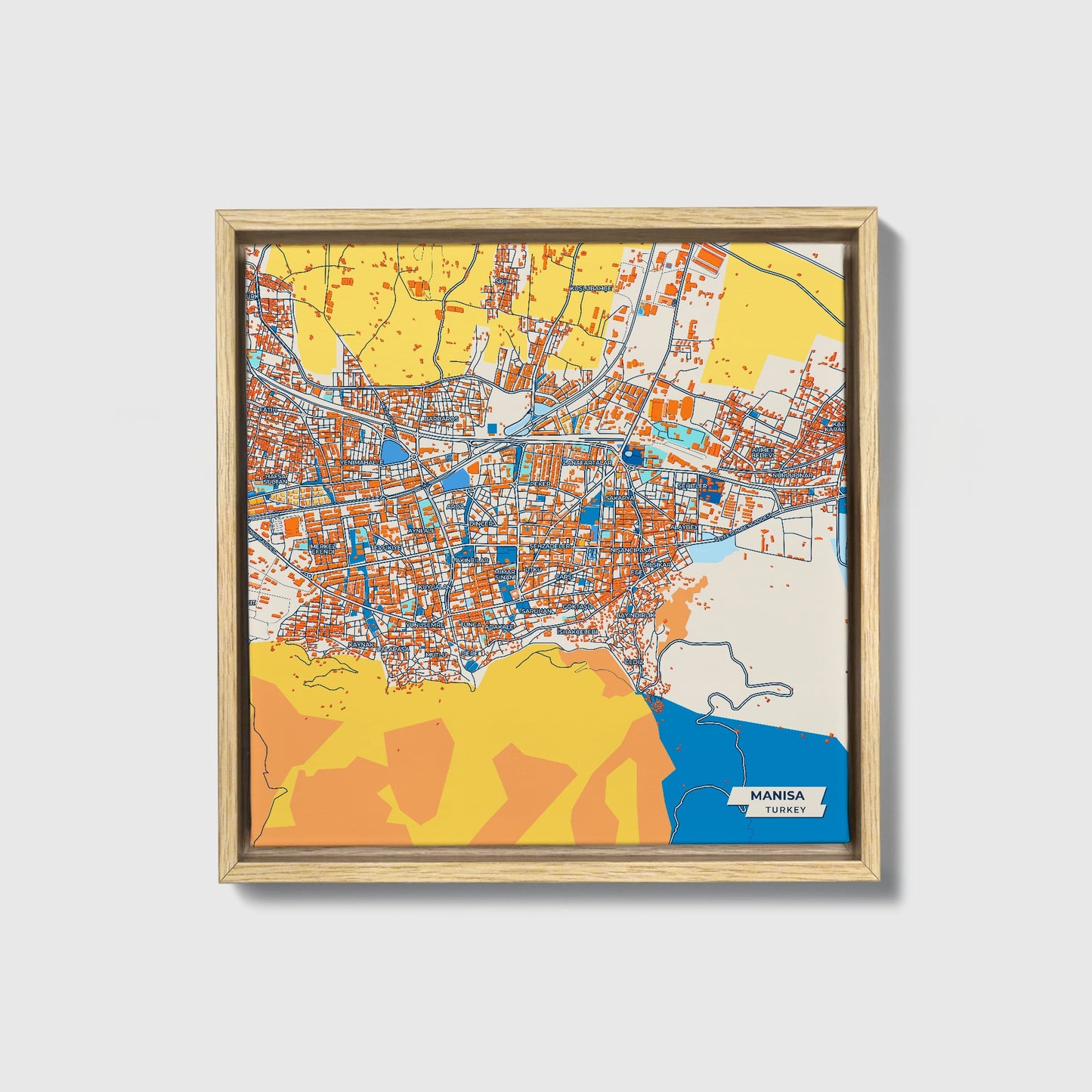 Mani̇sa Turkey Colorful City Map Canvas Print • Natural Wooden Framed