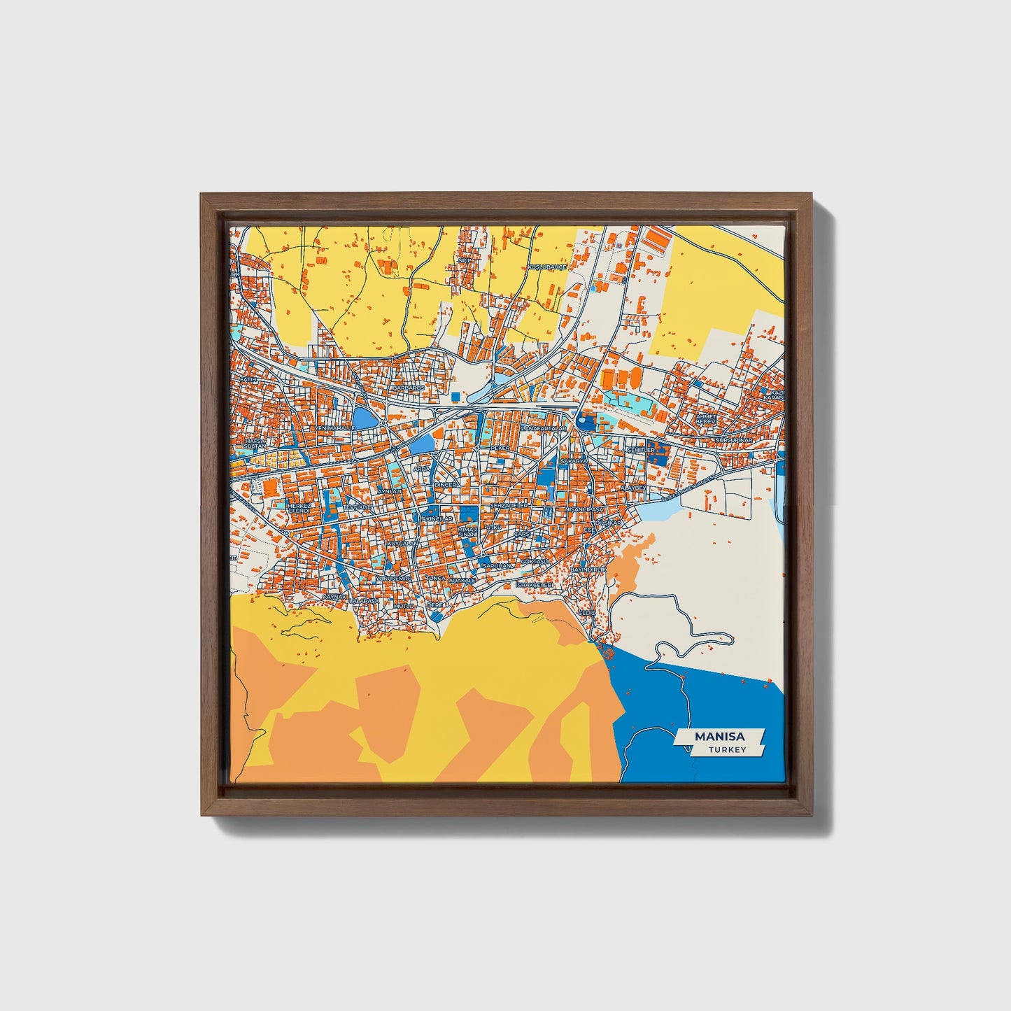 Mani̇sa Turkey Colorful City Map Canvas Print • Dark Wooden Framed