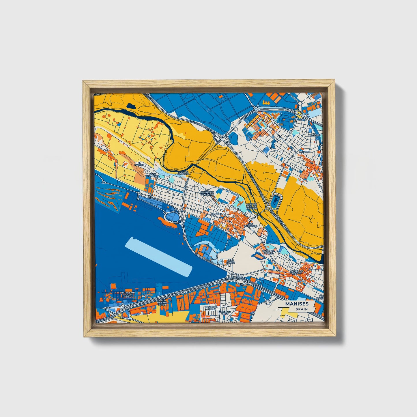 Manises Spain Colorful City Map Canvas Print • Natural Wooden Framed