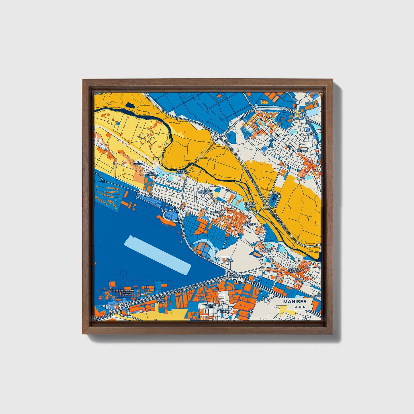 Manises Spain Colorful City Map Canvas Print • Dark Wooden Framed