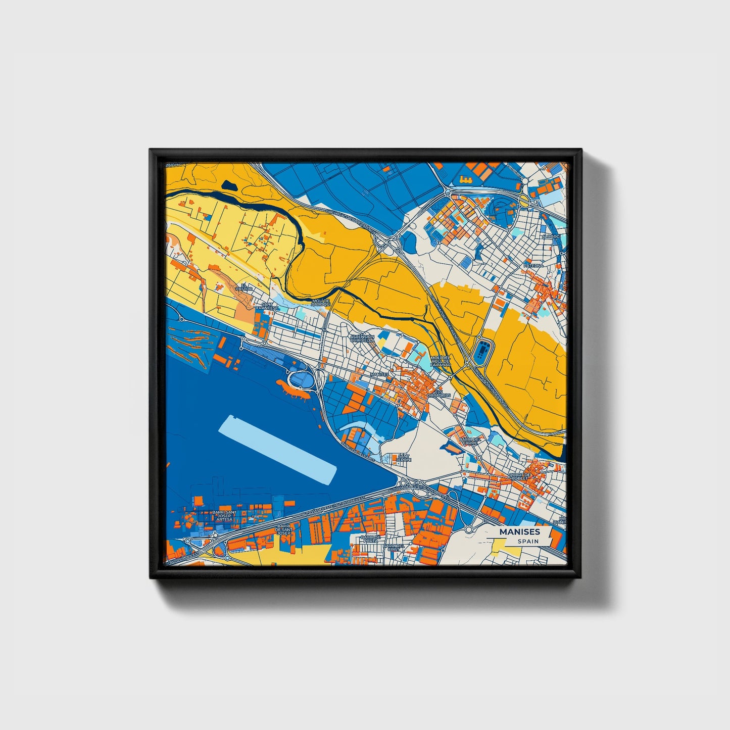 Manises Spain Colorful City Map Canvas Print • Black Framed