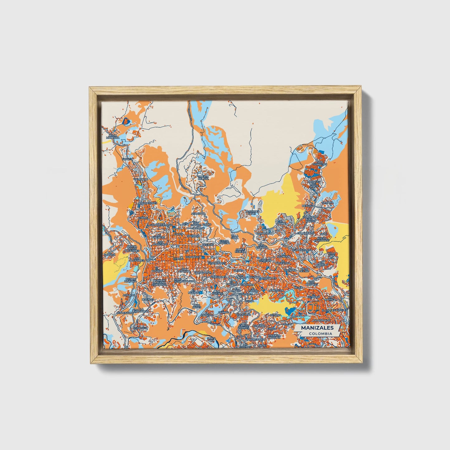 Manizales Colombia Colorful City Map Canvas Print • Natural Wooden Framed