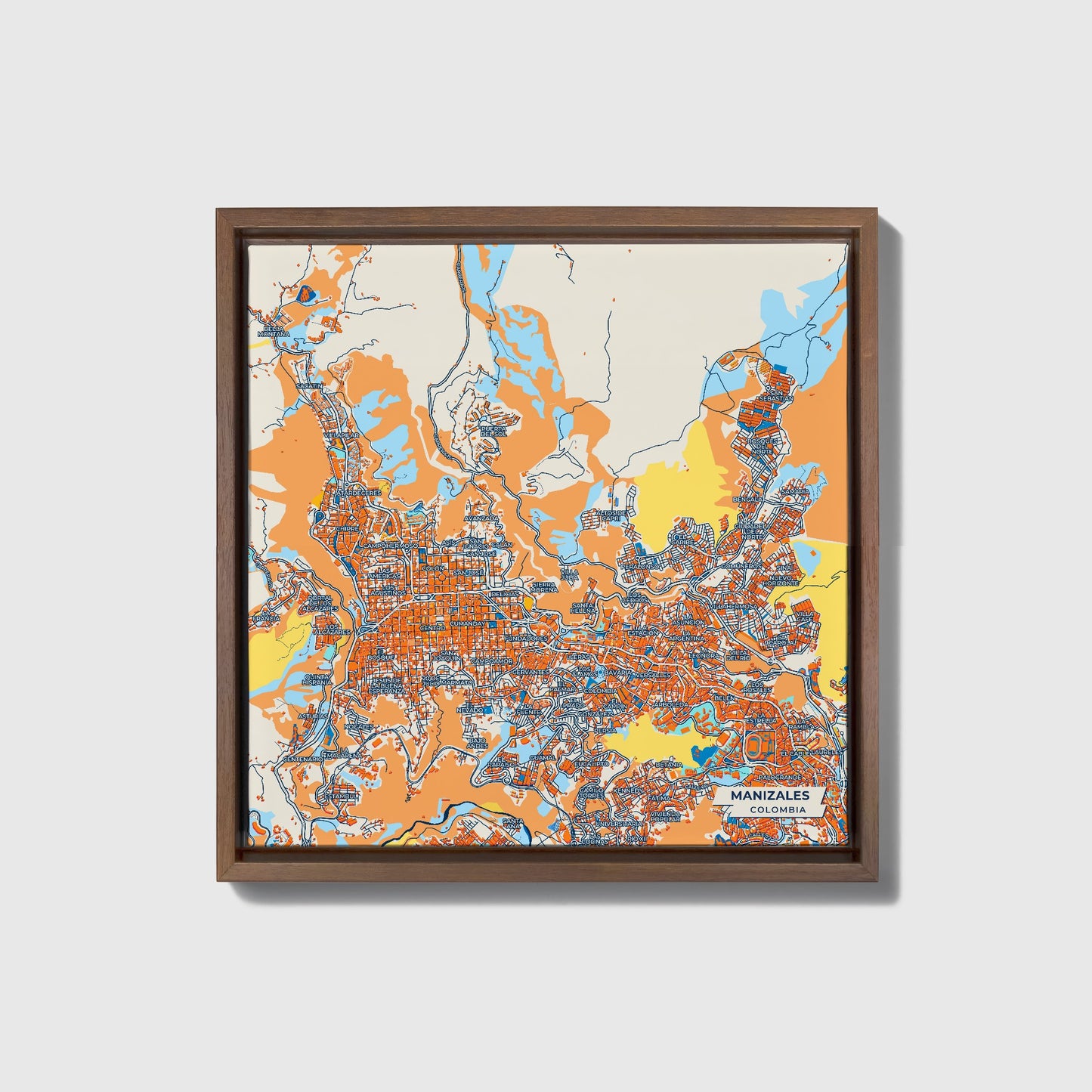 Manizales Colombia Colorful City Map Canvas Print • Dark Wooden Framed