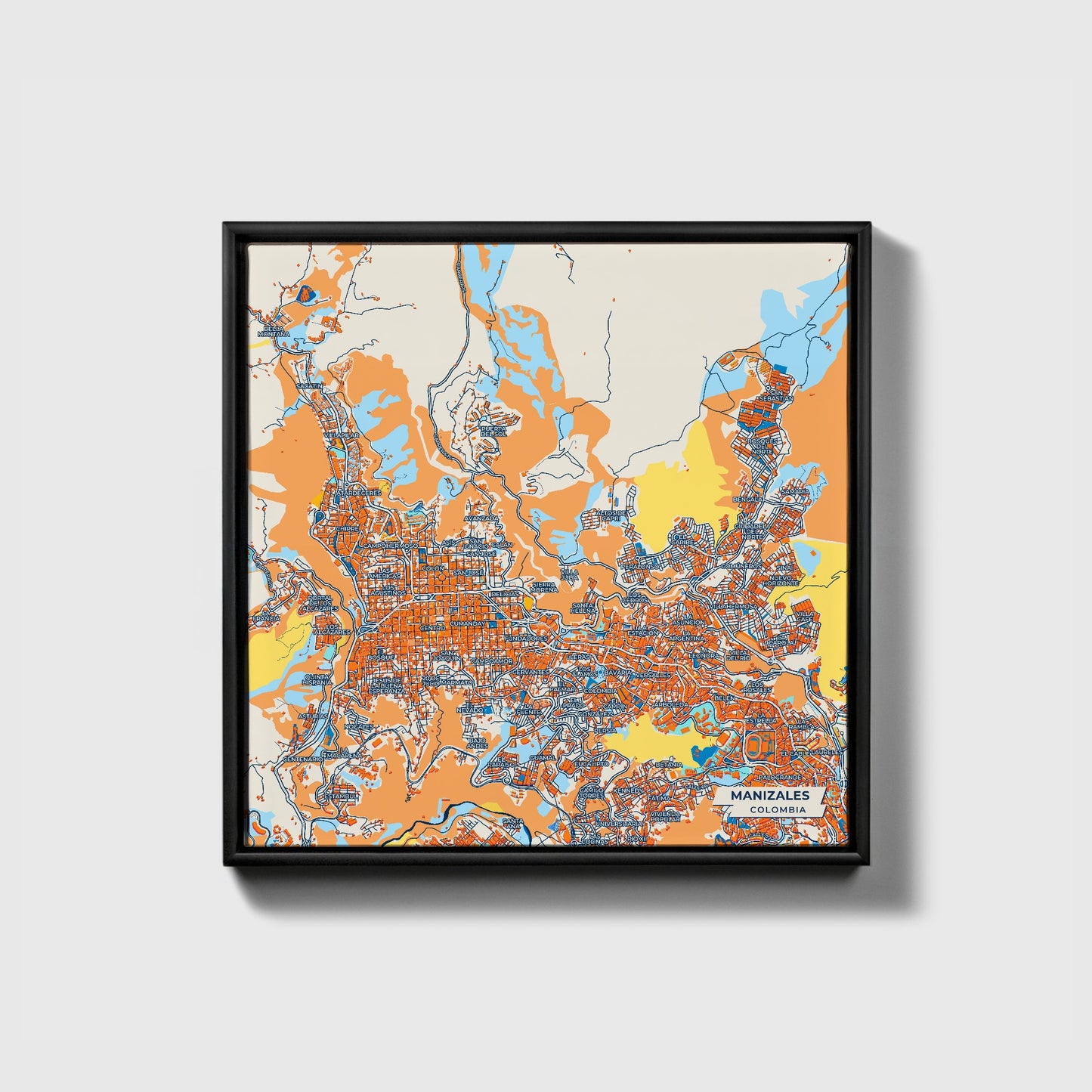 Manizales Colombia Colorful City Map Canvas Print • Black Framed