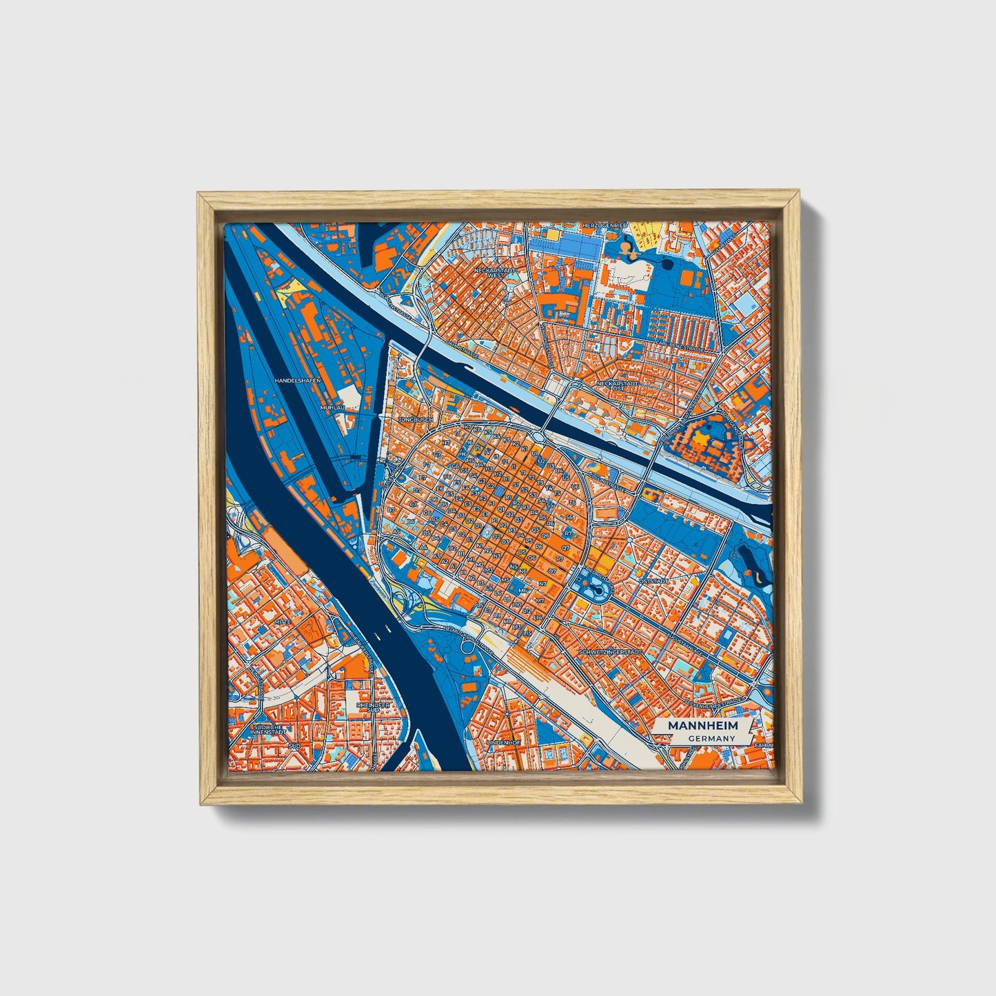 Mannheim Germany Colorful City Map Canvas Print • Natural Wooden Framed