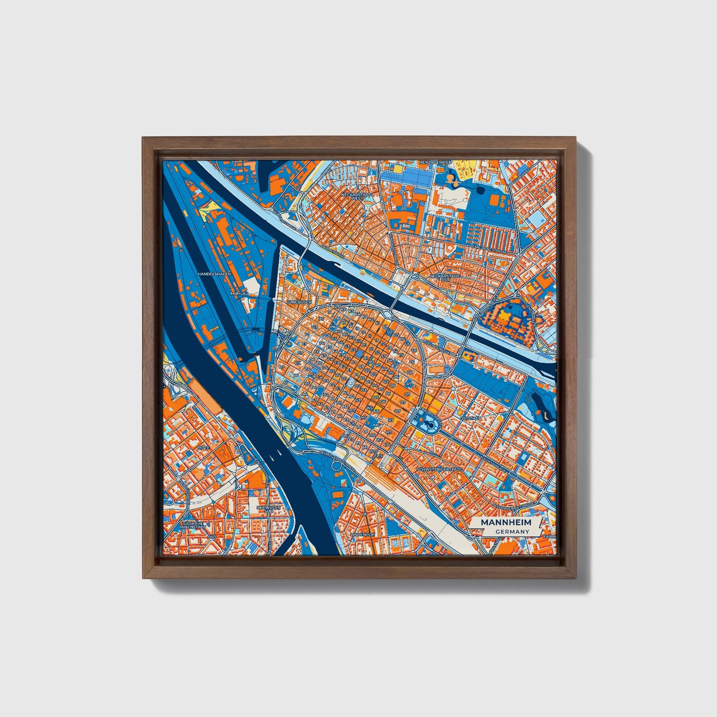 Mannheim Germany Colorful City Map Canvas Print • Dark Wooden Framed
