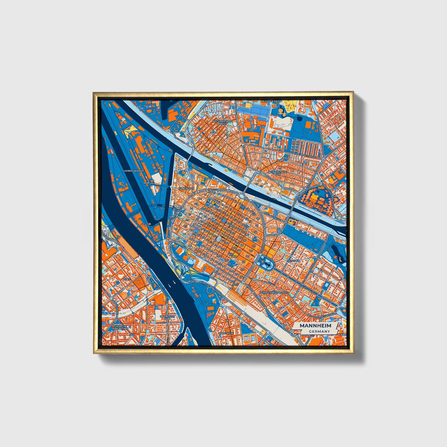 Mannheim Germany Colorful City Map Canvas Print • Gold Framed