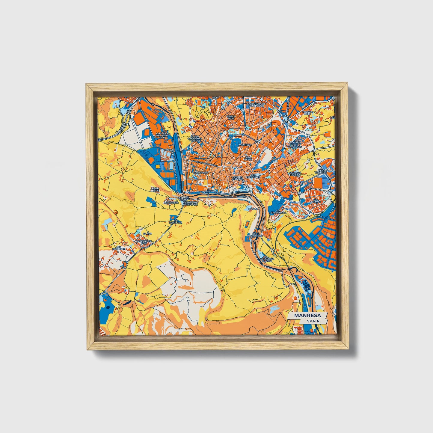 Manresa Spain Colorful City Map Canvas Print • Natural Wooden Framed